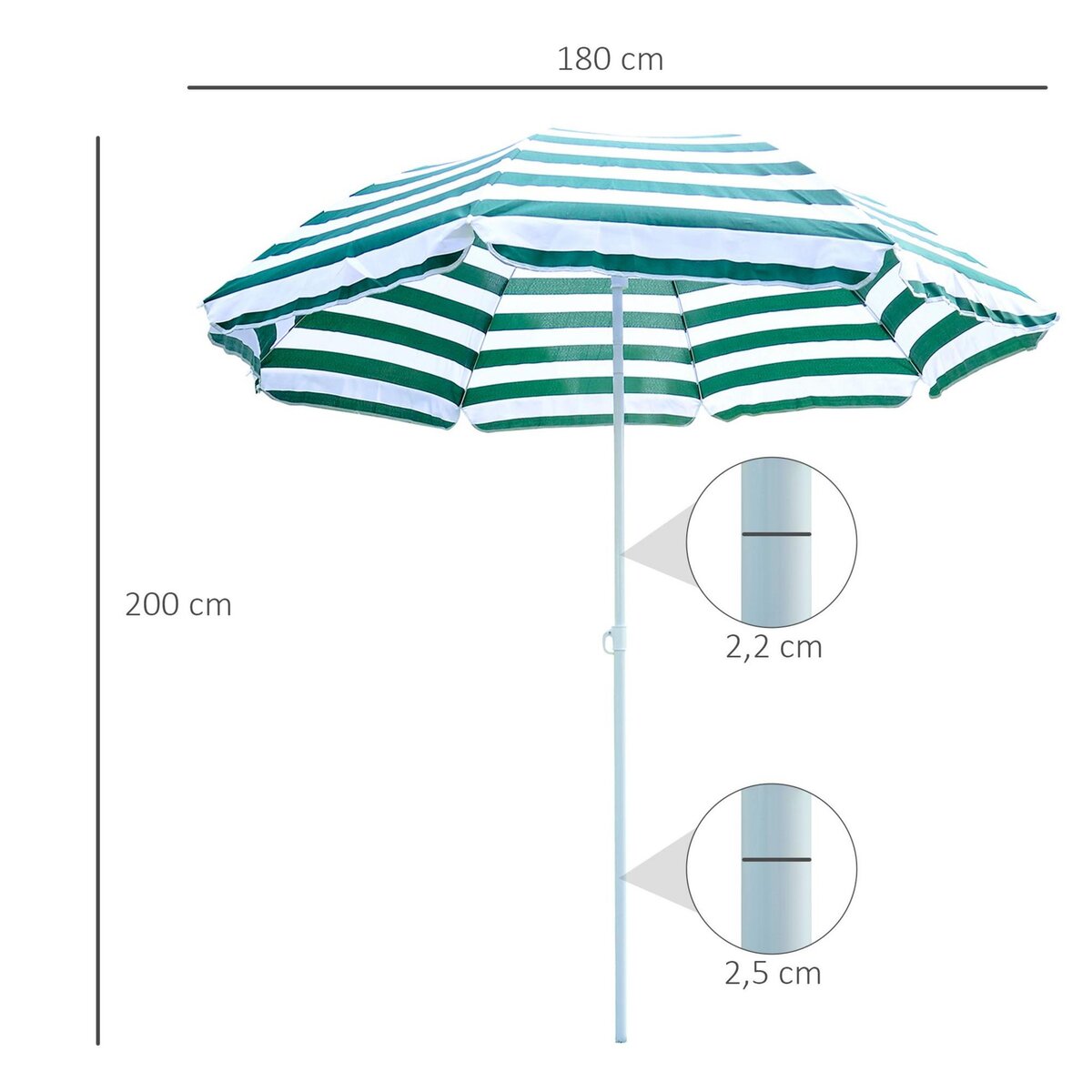OUTSUNNY Parasol inclinable octogonal de plage Ø 180 cm tissu polyester haute densité anti-UV mât démontable vert blanc rayé