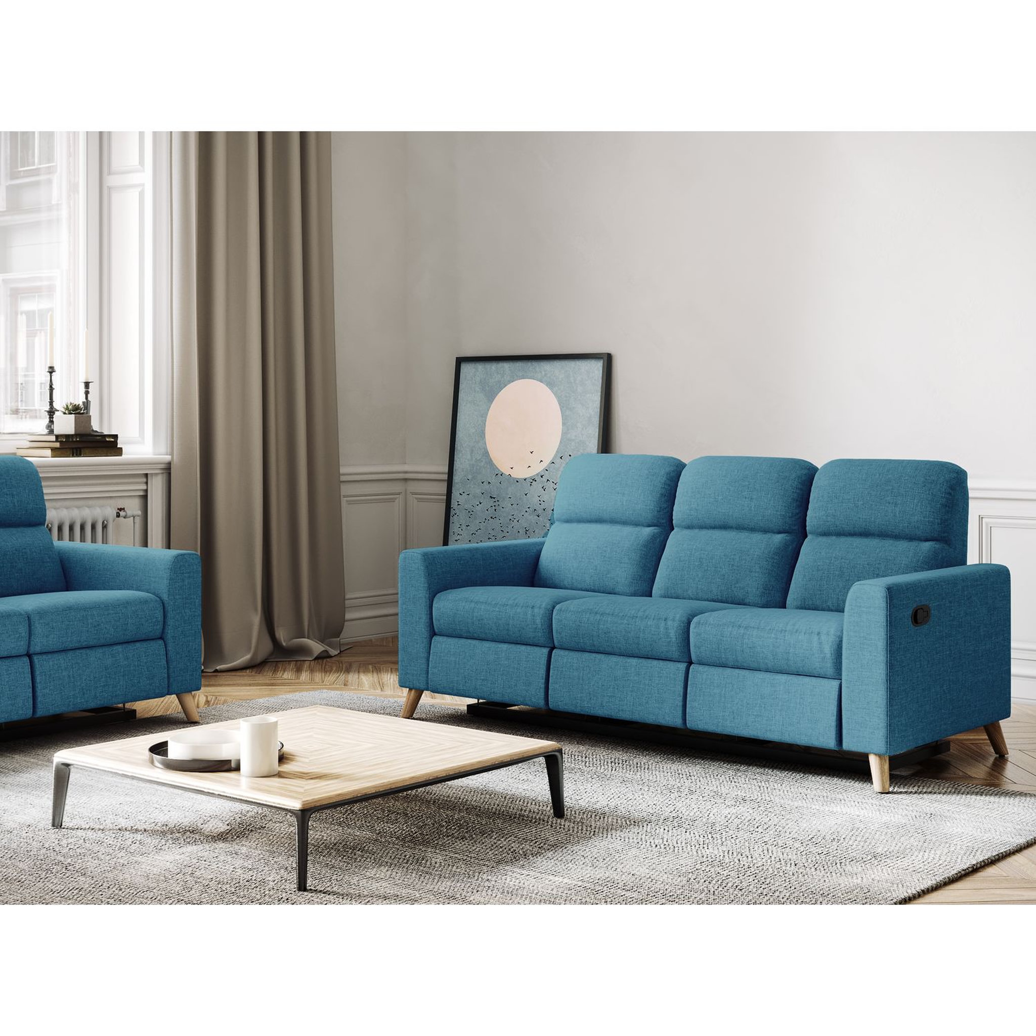 Voir la diapositive 1 : Canapé de relaxation  manuel 3 places en tissu  coloris bleu et pieds bois hêtre BERKAM