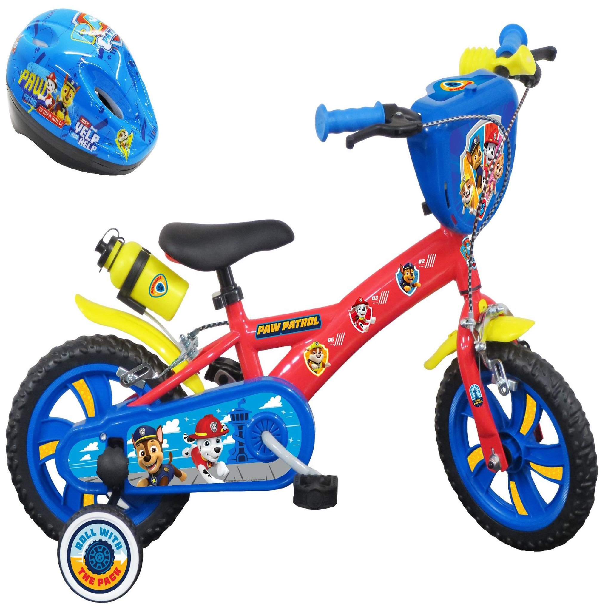 Voir la diapositive 1 : Nickelodeon Vélo enfant - Modèle 12'' Pat Patrouille + Casque pour enfant de 85/100 cm avec stabilisateurs à molettes - Plaque décorative avant - Porte bidon - 2 freins et roues a bâtons