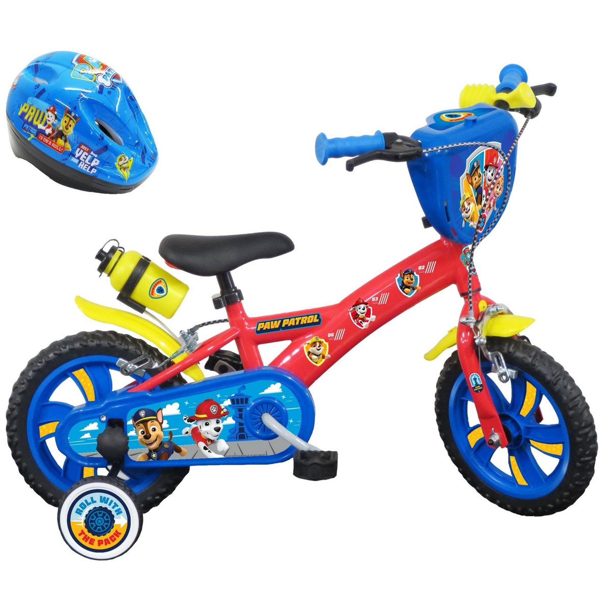 Nickelodeon Vélo enfant - Modèle 12'' Pat Patrouille + Casque pour enfant de 85/100 cm avec stabilisateurs à molettes - Plaque décorative avant - Porte bidon - 2 freins et roues a bâtons