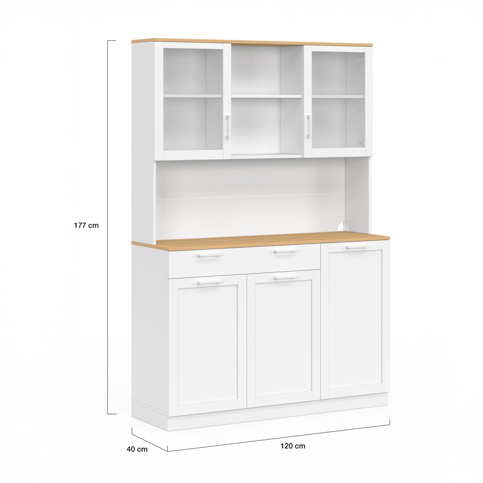 Voir la diapositive 5 : ID MARKET Buffet de cuisine vitré 120 cm vito 5 portes + 1 tiroir blanc et plateau façon hêtre