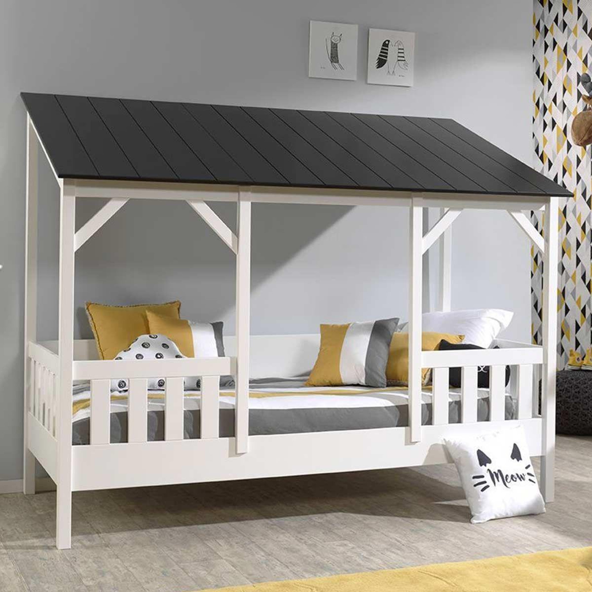 Paris Prix Pack - lit cabane enfant & sommier  housebed iii  90x200cm blanc & noir