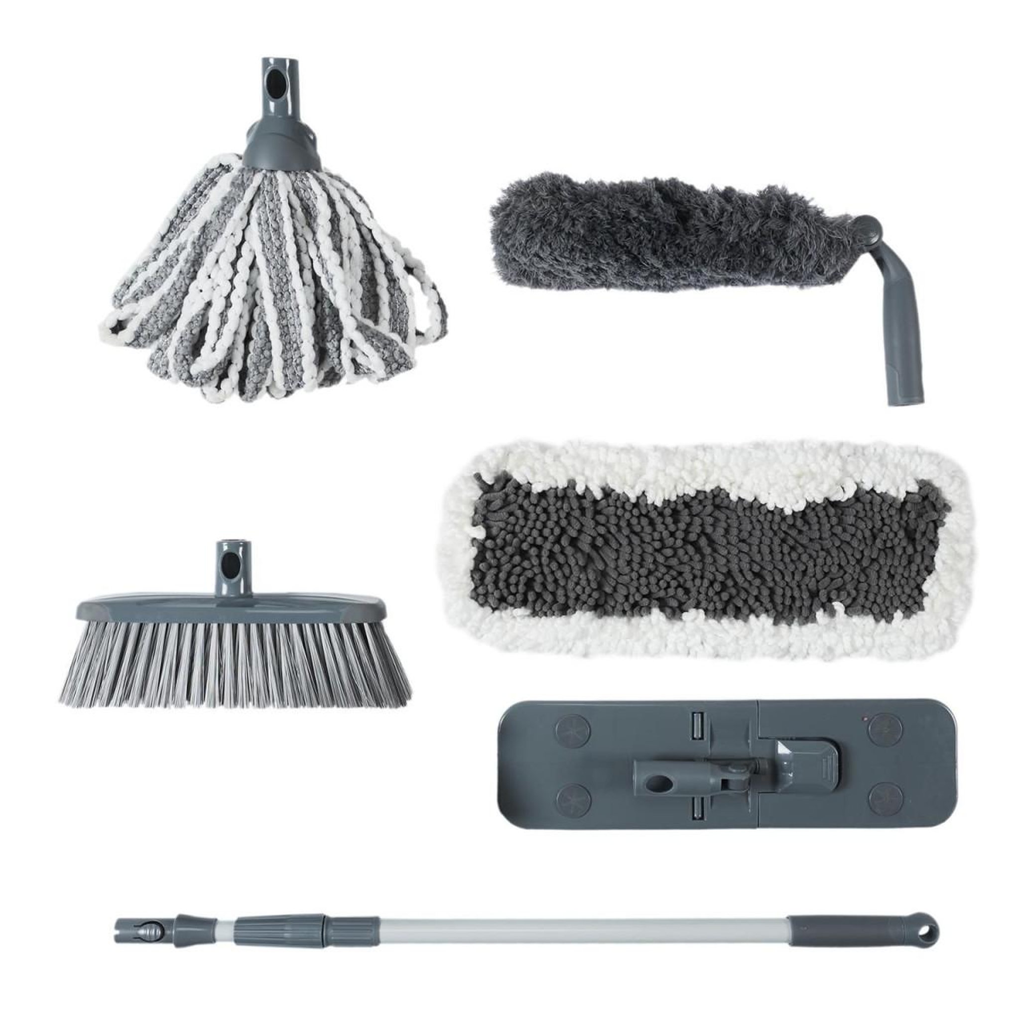 Je cherche une idee Set ménage multifonction  1 balai & 5 têtes  80cm gris