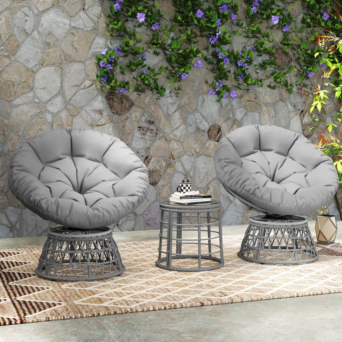 OUTSUNNY Ensemble salon de jardin 3 pcs - 2 fauteuils papasan, table basse - 2 grands coussins inclus - résine grise
