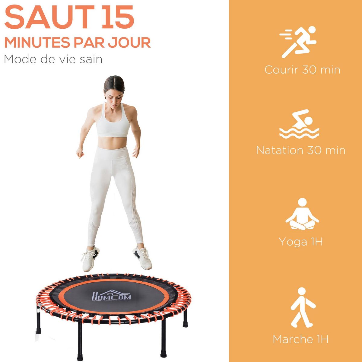 HOMCOM Trampoline de Fitness / gymnastique haute performance Ø 102 cm élastiques Bungee utilisation intérieure extérieure orange noir
