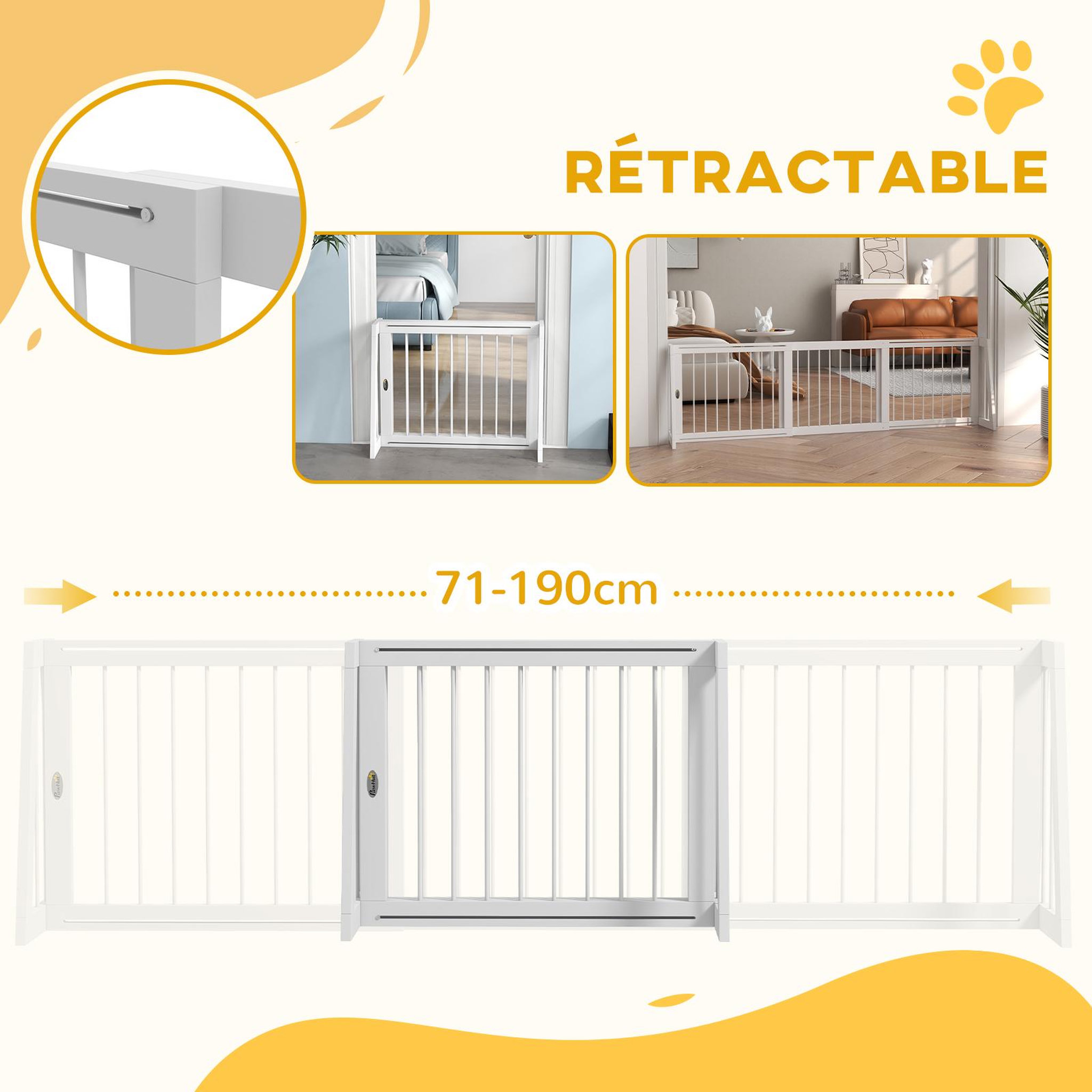 Voir la diapositive 5 : PAWHUT Barrière de sécurité chien 3 panneaux rétractable autoportante dim. 71-190l x 38,5l x 56h cm bois blanc