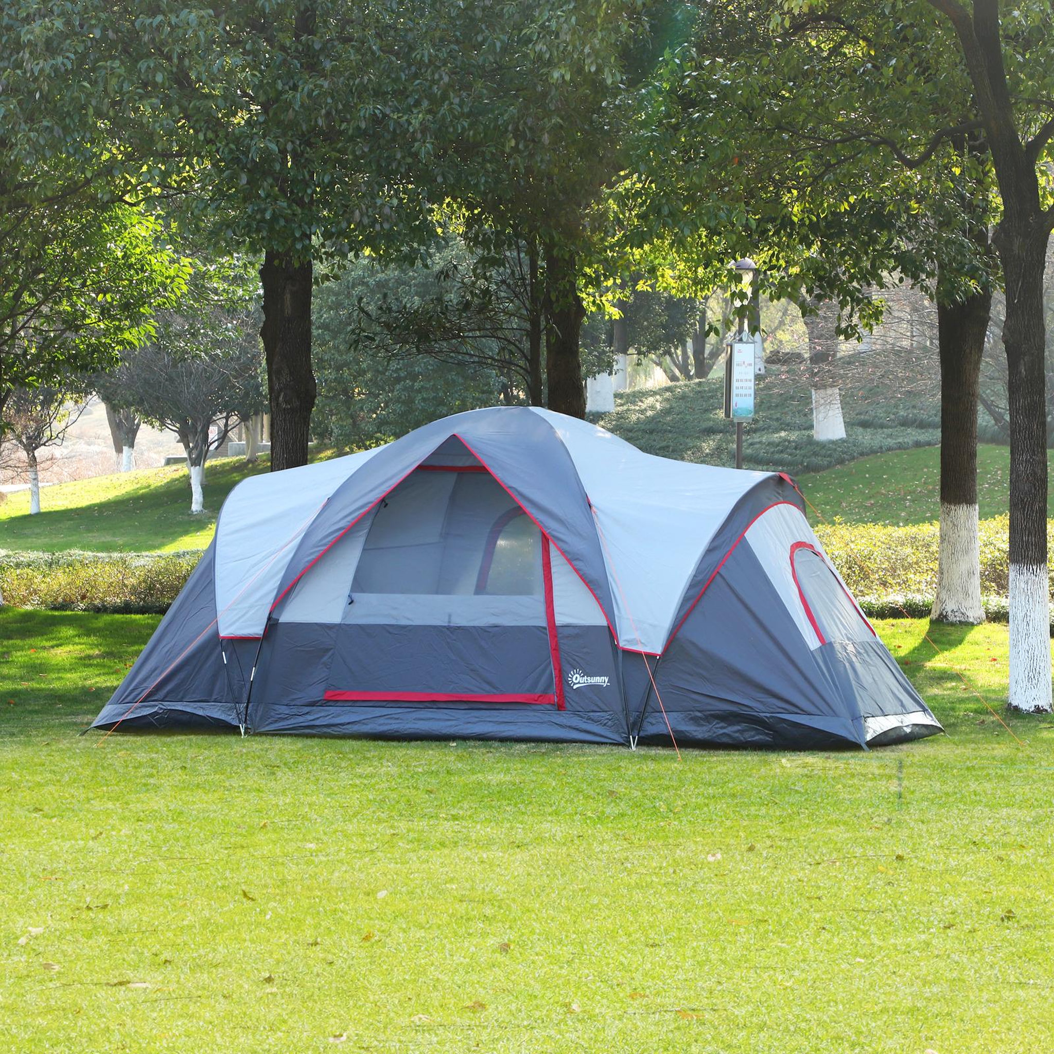 Voir la diapositive 2 : OUTSUNNY Tente de camping familiale 5-6 pers. - grande porte + 3 fenêtres - dim. 4,55L x 2,3l x 1,8H m fibre verre polyester oxford gris
