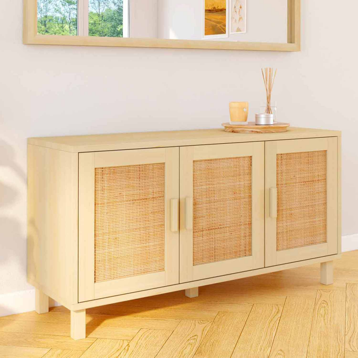 ID MARKET Buffet bas vintage 113 cm ELIN 3 portes effet naturel cannage