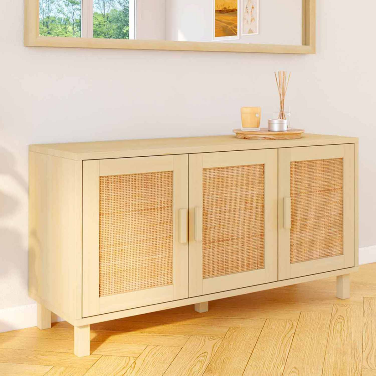 ID MARKET Buffet bas vintage 113 cm ELIN 3 portes effet naturel cannage
