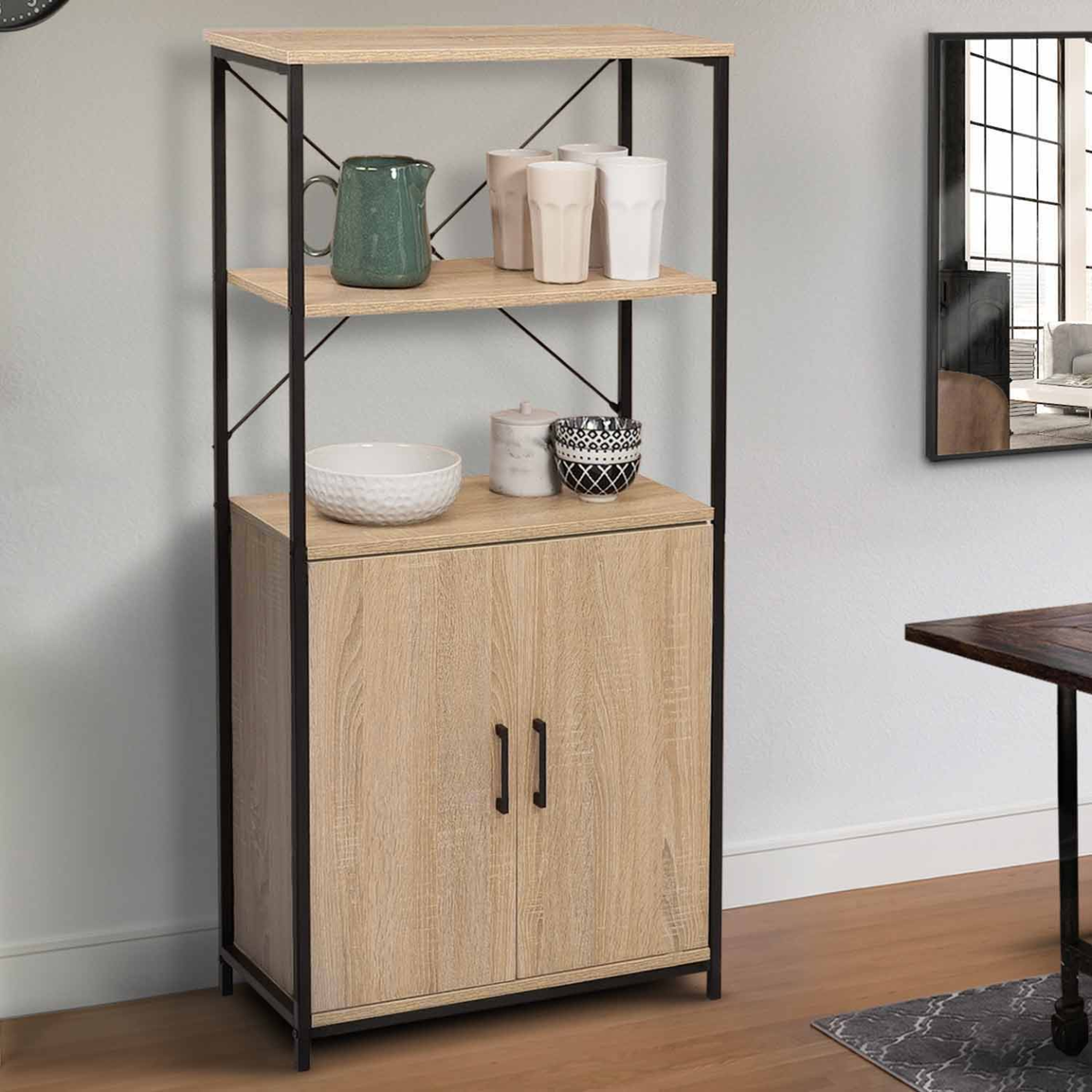 Voir la diapositive 2 : ID MARKET Buffet haut 2 portes H. 125 cm DETROIT avec étagères design industriel