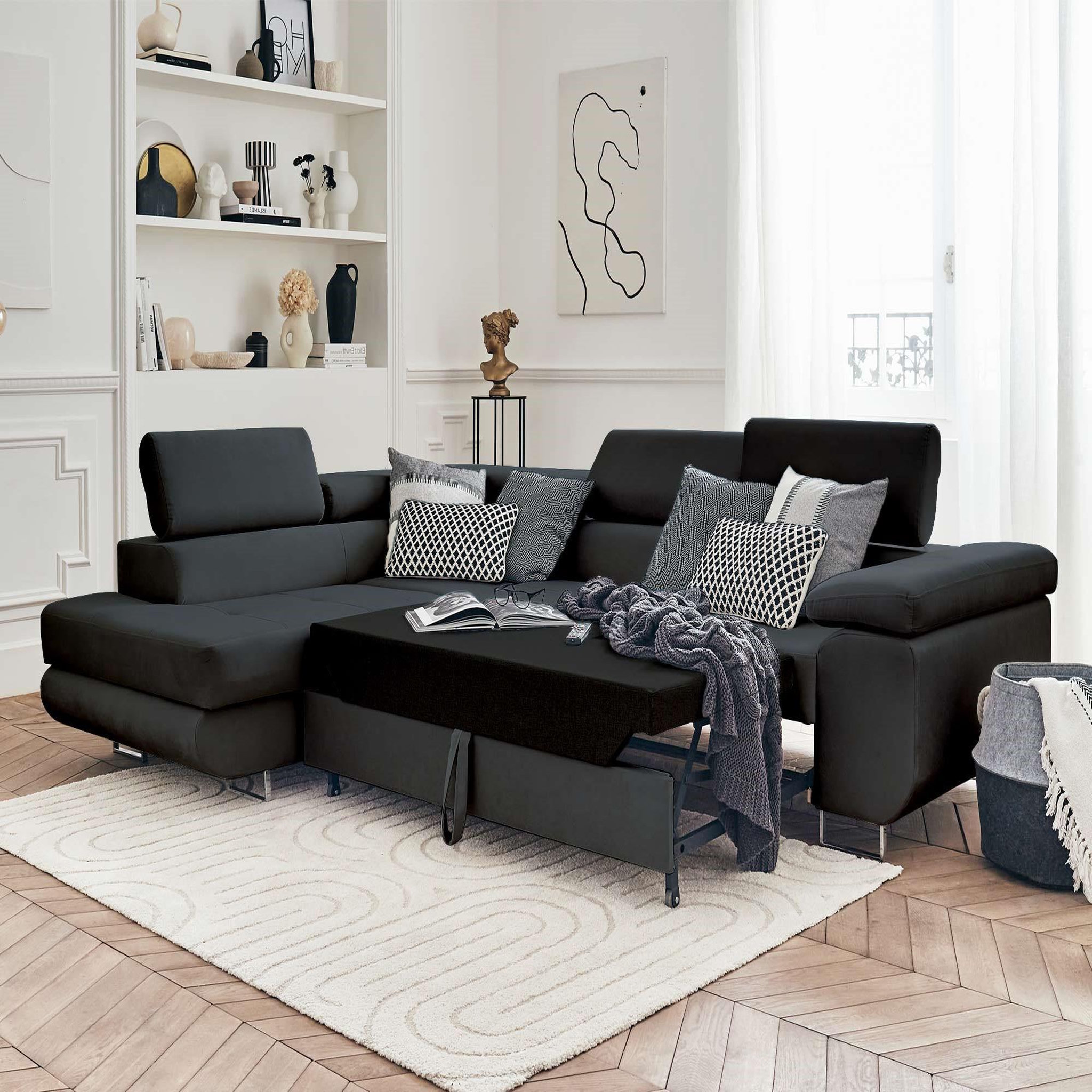 Voir la diapositive 2 : BEST MOBILIER Pablo - canapé d'angle gauche - 5 places - convertible avec coffre et têtières réglables - en velours