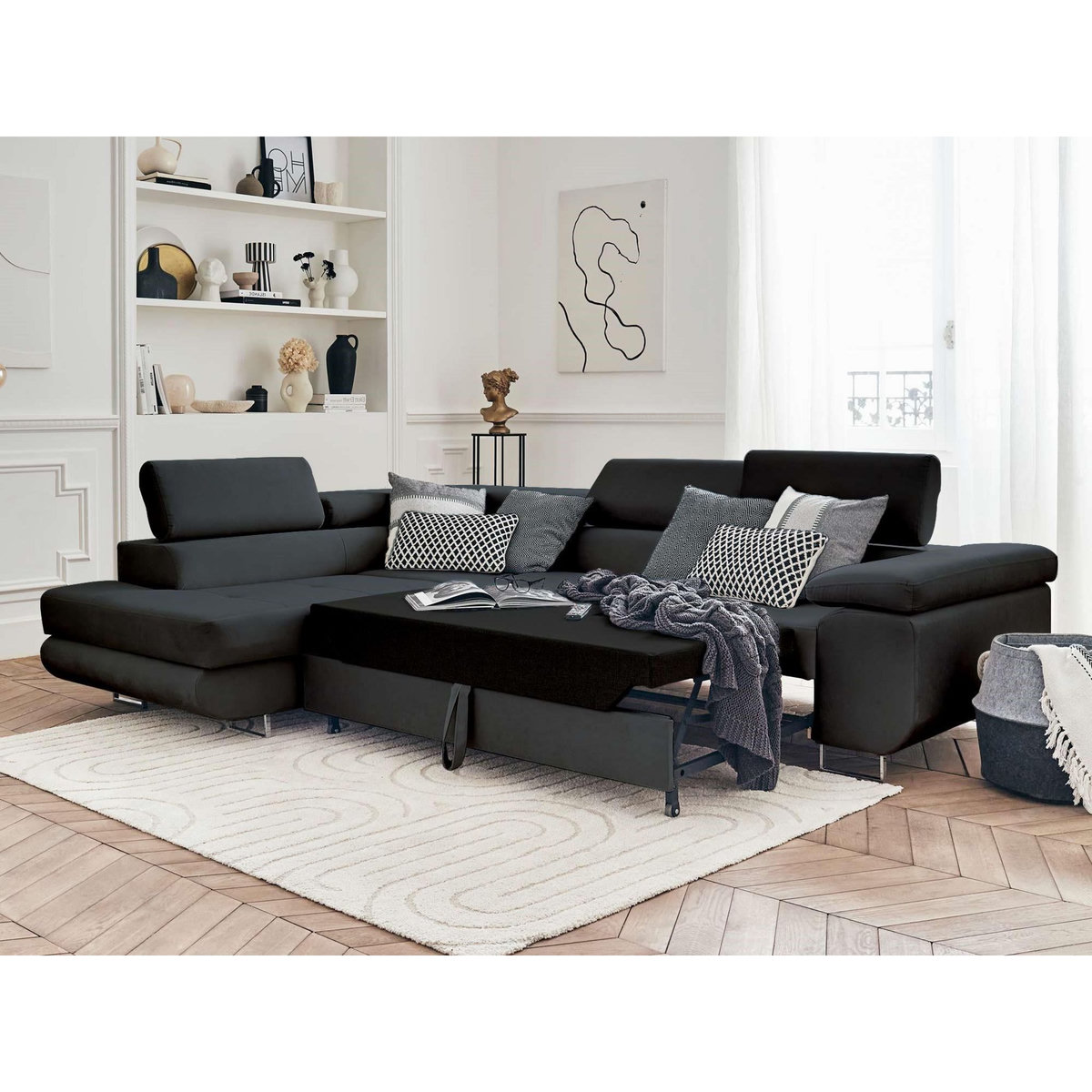 BEST MOBILIER Pablo - canapé d'angle gauche - 5 places - convertible avec coffre et têtières réglables - en velours