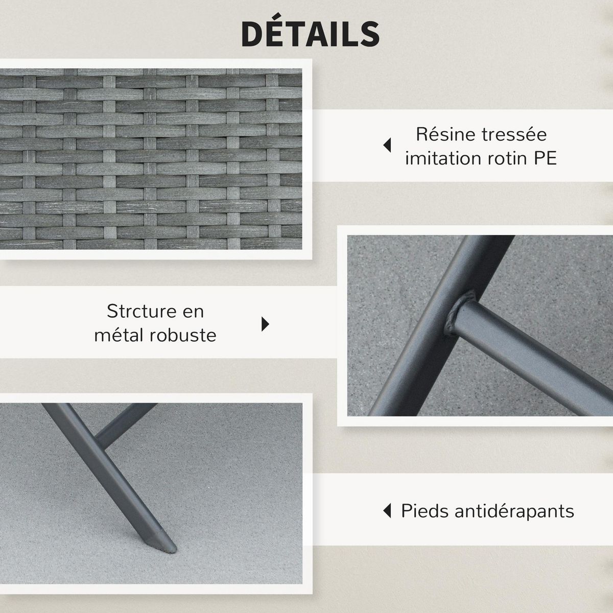 OUTSUNNY Ensemble meubles de jardin design table carré et chaises pliables résine tressée imitation rotin gris
