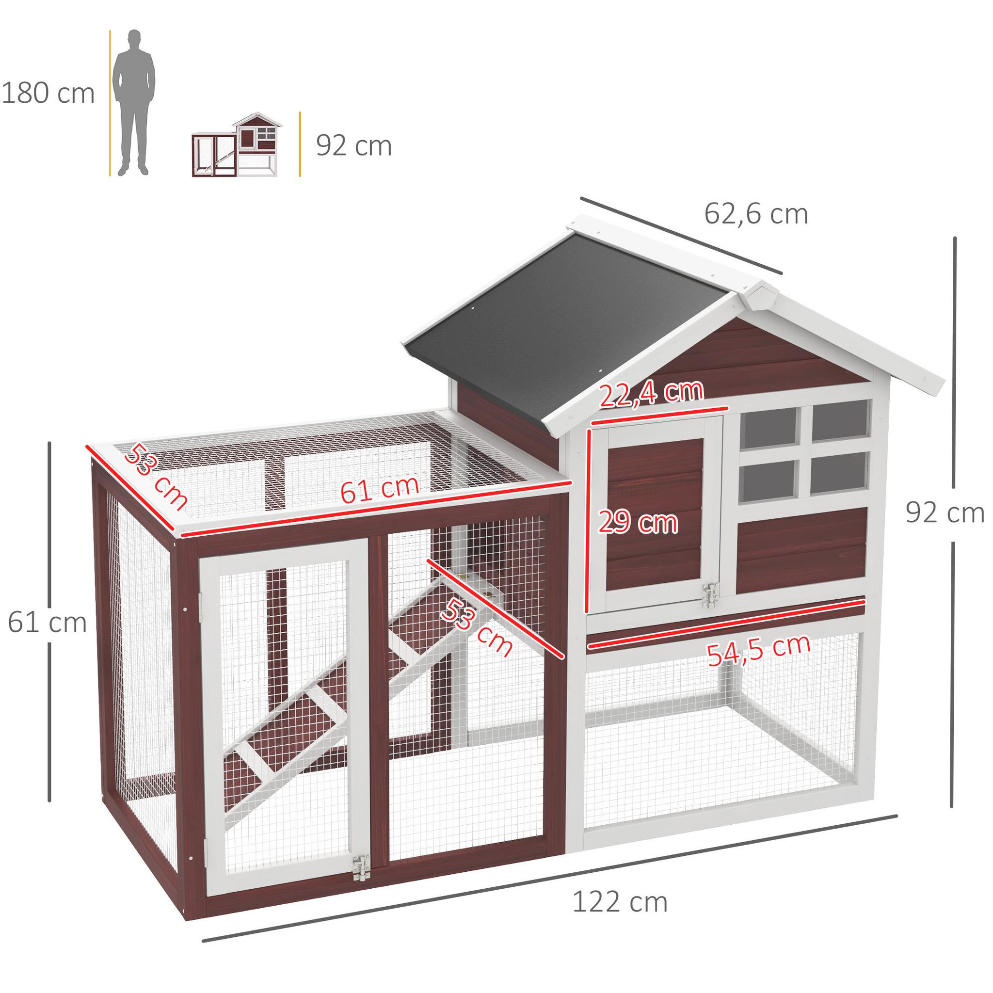 Voir la diapositive 3 : PAWHUT Clapier cage à lapins multi-équipé : niche supérieure avec rampe, plateau excrément, fenêtre + enclos  extérieur sécurisé 2 portes 122l x 63l x 92h cm rouge brique
