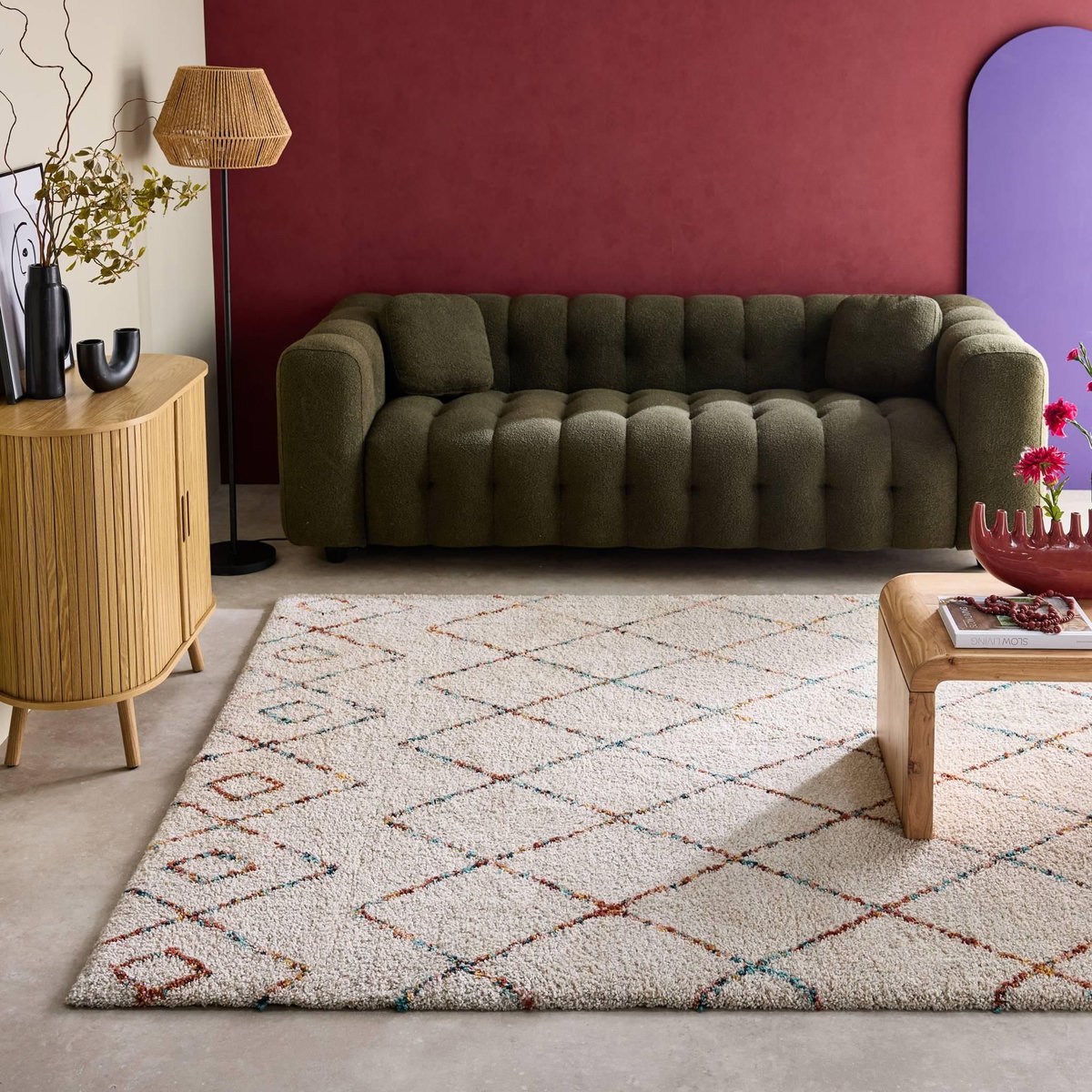 SWEEEK Tapis intérieur shaggy, poils longs, style berbère, crème et multicolore