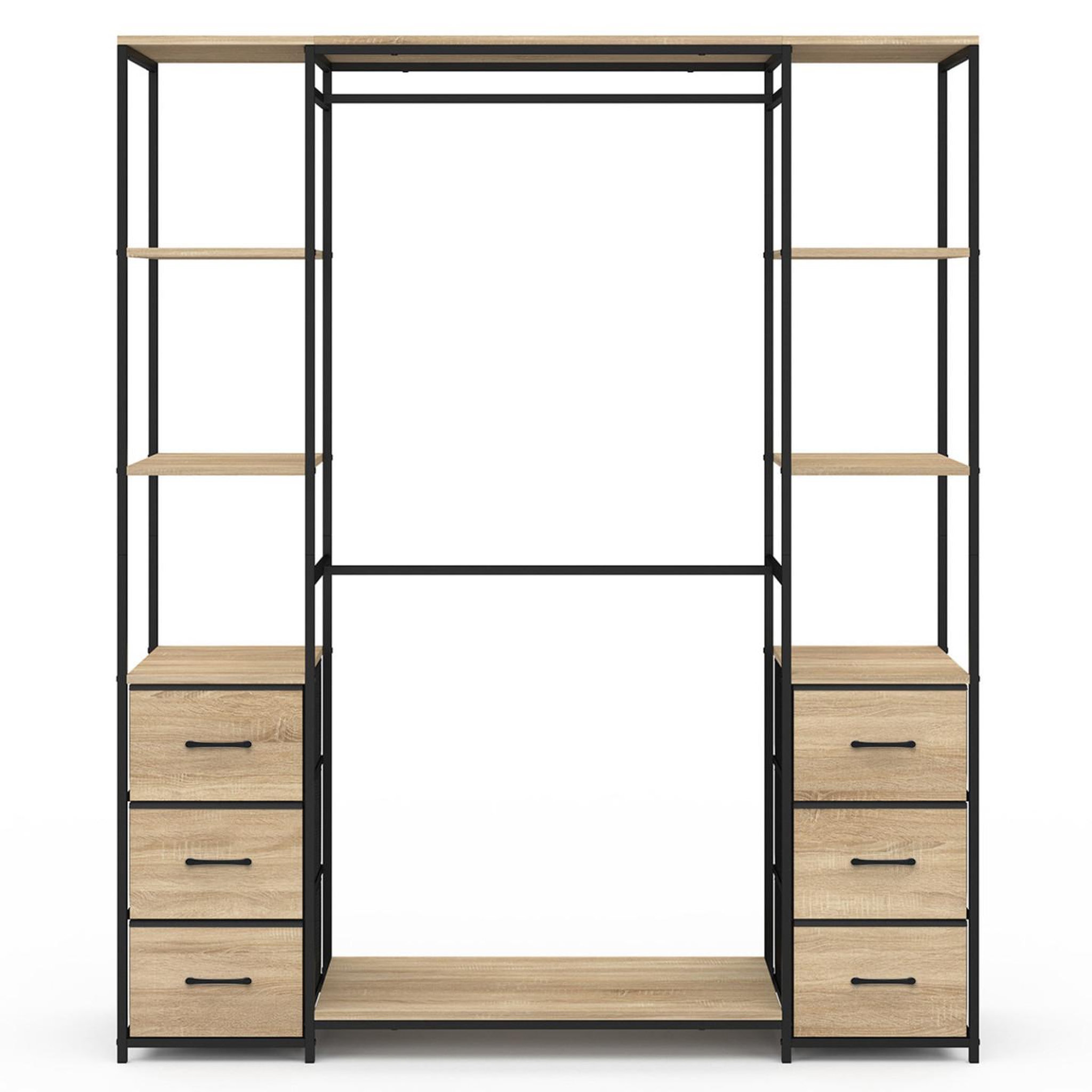 Voir la diapositive 3 : ID MARKET Dressing double penderie + double colonne l. 140 cm utah avec 6 étagères et 6 bacs en tissu bois et noir