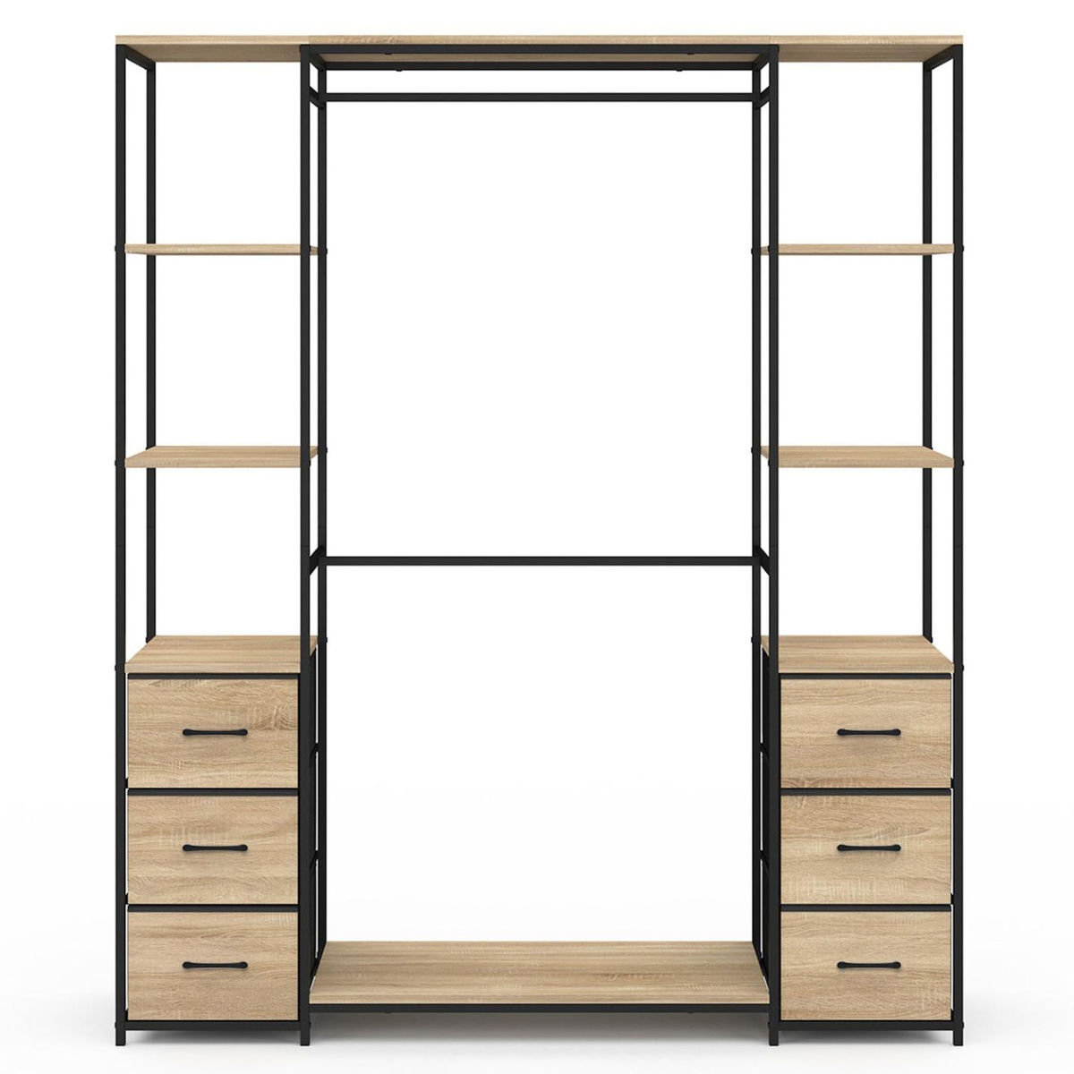 ID MARKET Dressing double penderie + double colonne L. 140 cm UTAH avec 6 étagères et 6 bacs en tissu bois et noir