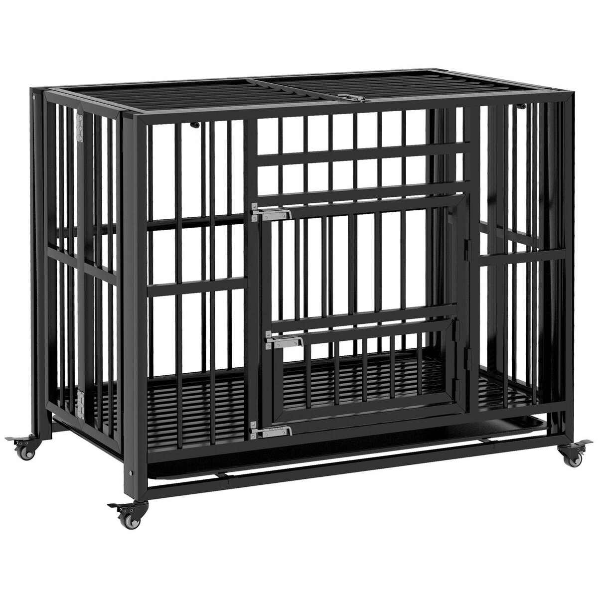 PAWHUT Cage pour chien animaux cage de transport sur roulettes pliable 3 portes verrouillables plateau amovible acier noir