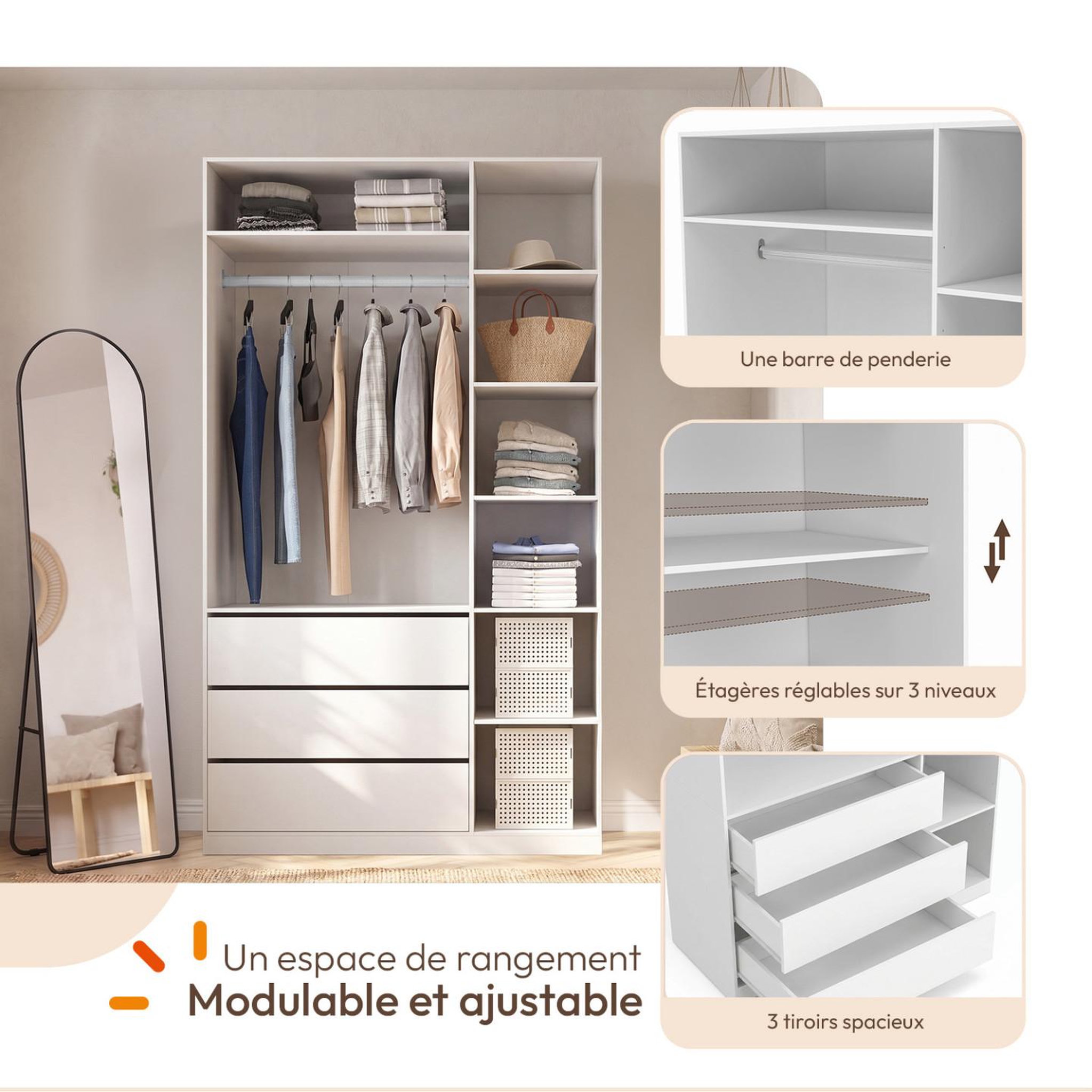 Voir la diapositive 3 : ID MARKET Dressing TAYLOR 120 x 55 x 200 cm avec penderie + étagères + tiroirs blanc
