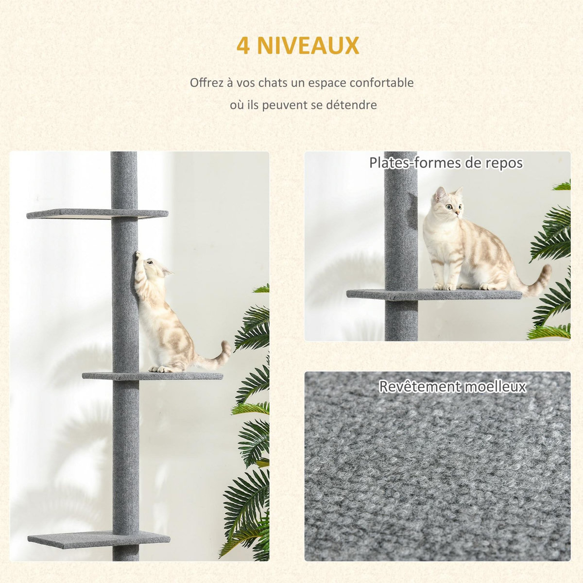PAWHUT Arbre à chat poteau à griffer hauteur réglable dim. 43L x 27I x 228-260H cm 4 niveaux d'activités gris clair