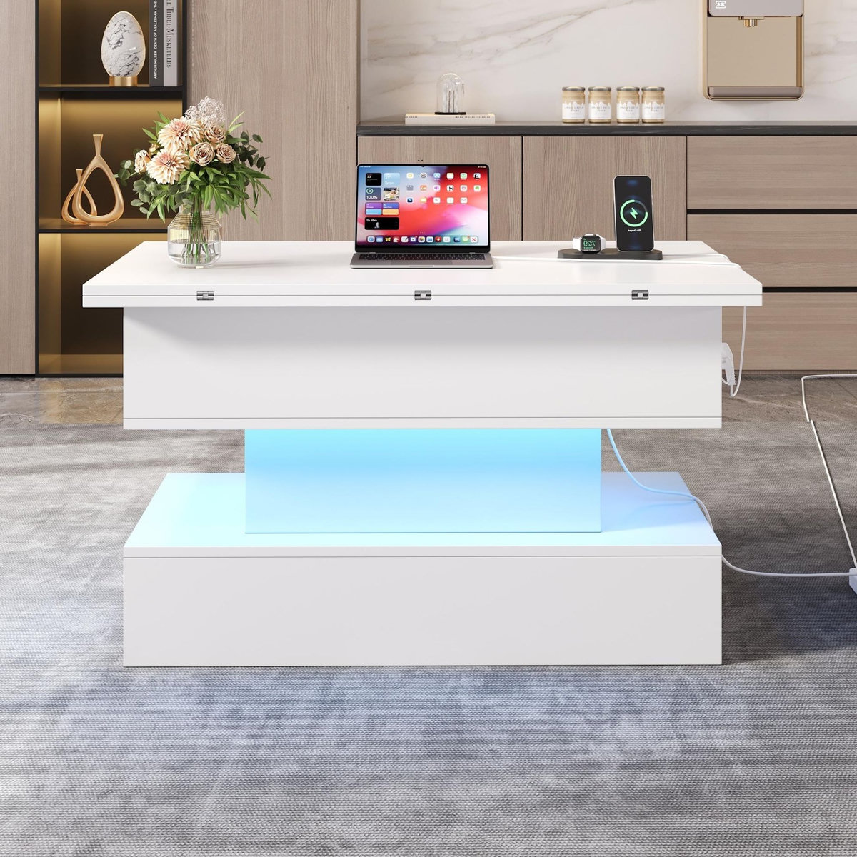 MERAX Table basse relevable rectangulaire blanc - 50x100 cm led panneau de particules