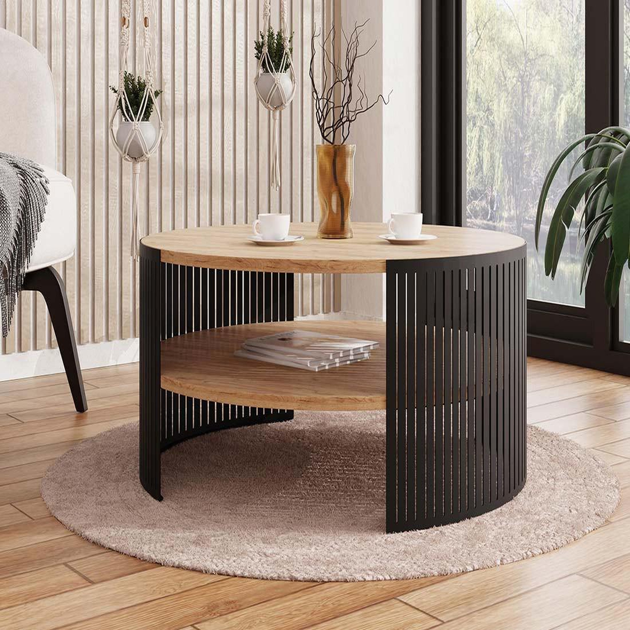 Voir la diapositive 3 : BEST MOBILIER Cruz - table basse ronde - aspect chêne naturel et noir - 1 niche - 75 cm