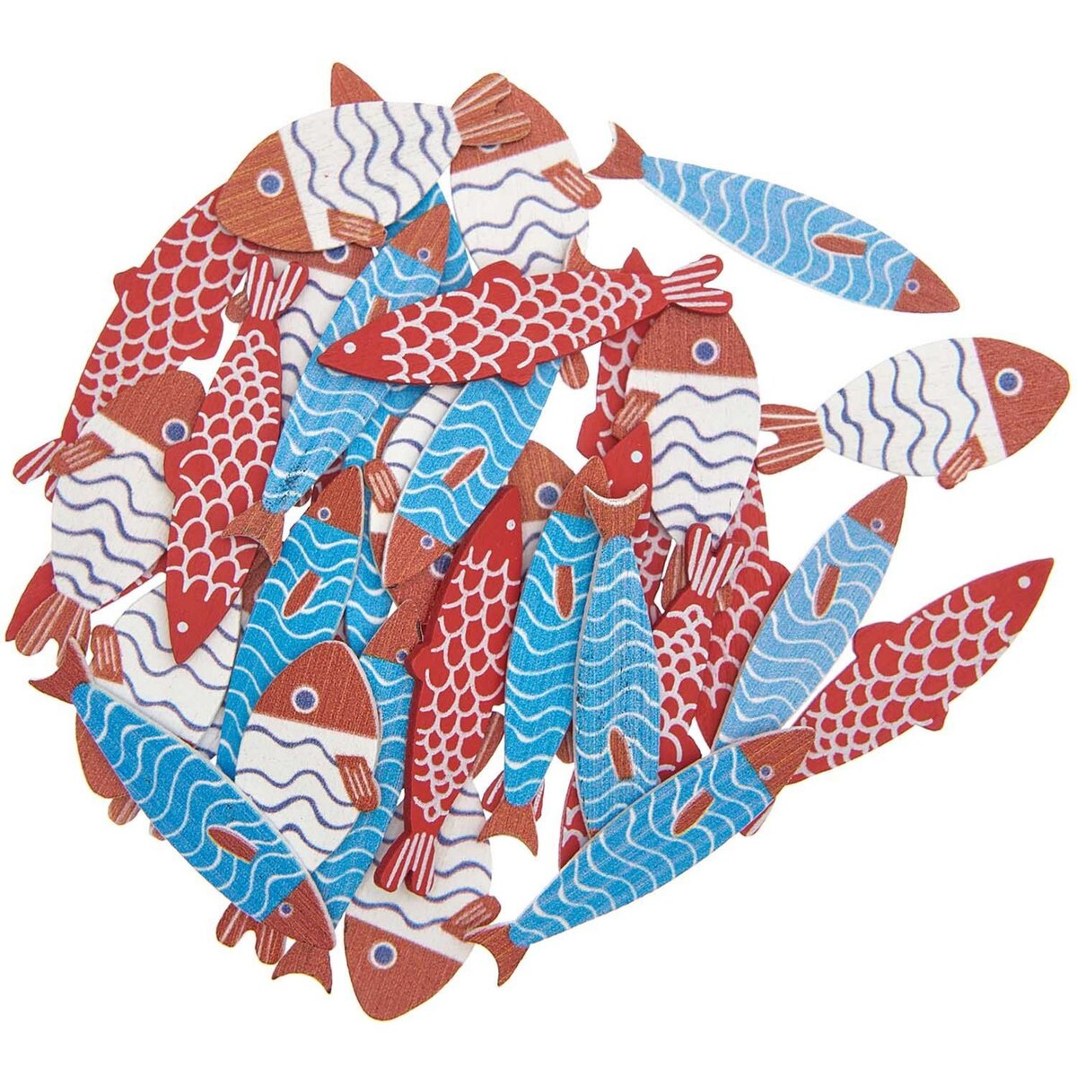 RICO DESIGN 36 Confettis en bois - poissons - rouge et bleu