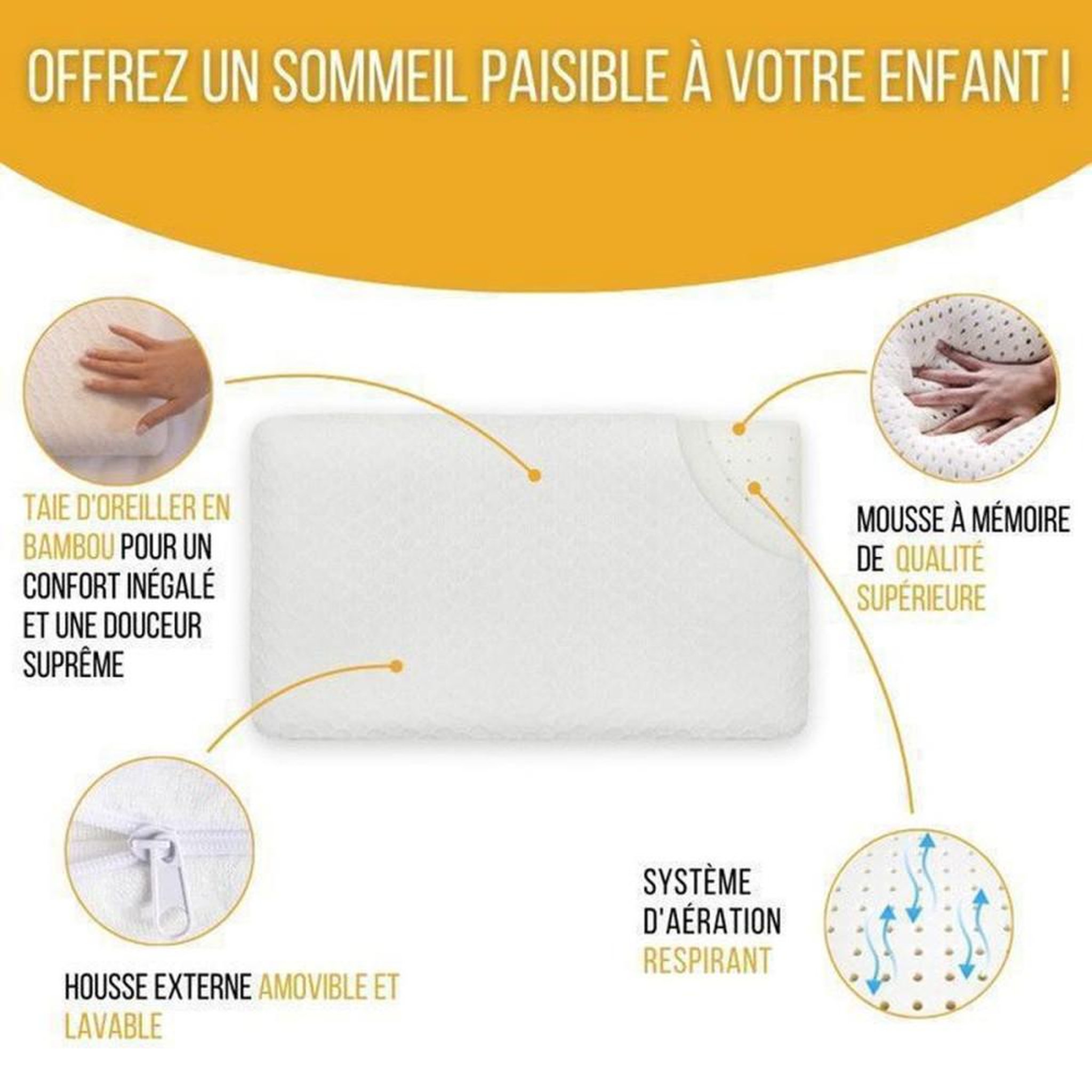 Voir la diapositive 2 : Oreiller enfant respirant bambou et mousse à mémoire de forme blanc 50 x 30 x 5,5 cm, hypoallergénique