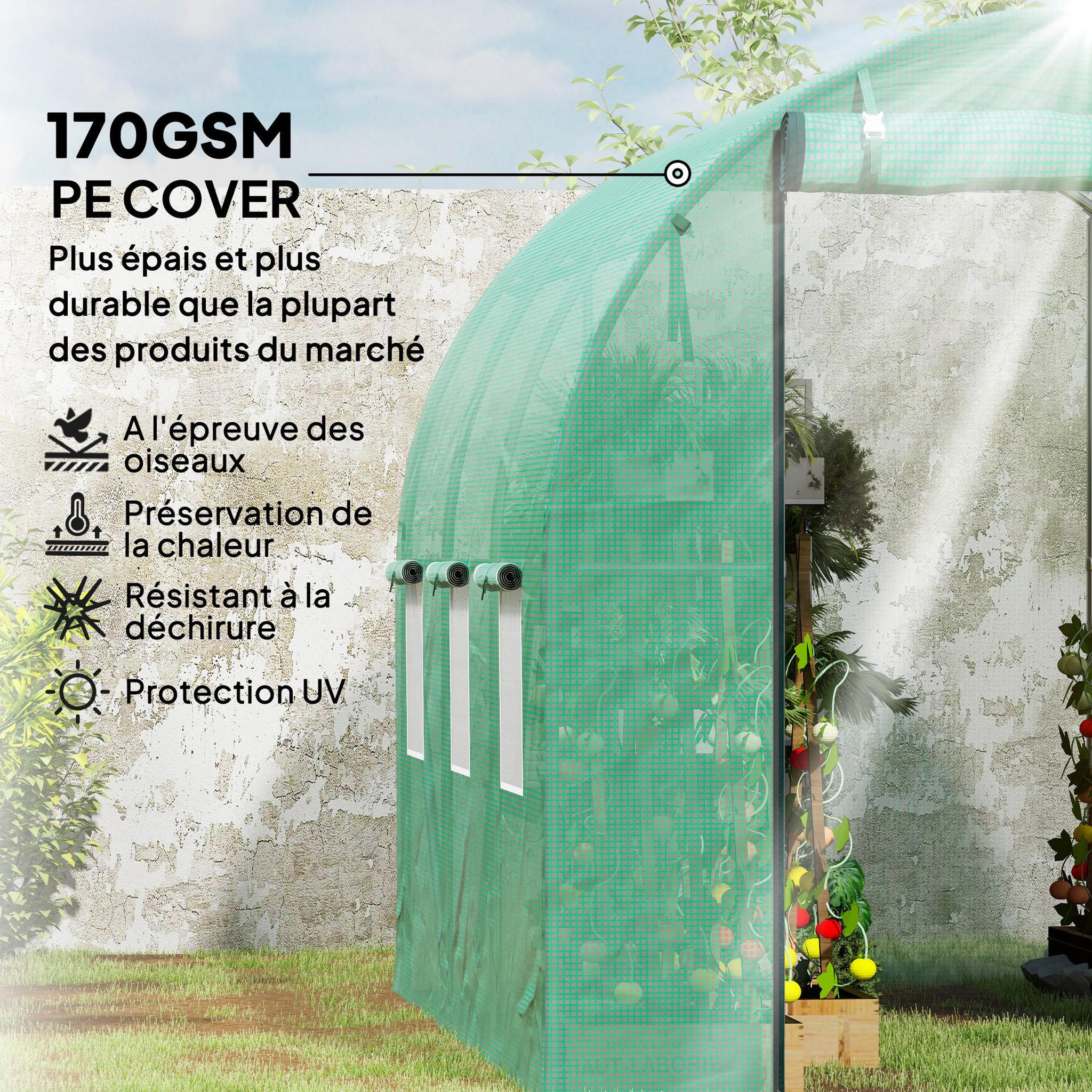 Voir la diapositive 4 : OUTSUNNY Serre de jardin 6 m² - porte zippée enroulable, 6 fenêtres - acier galvanisé PE haute densité 170 g/m² vert