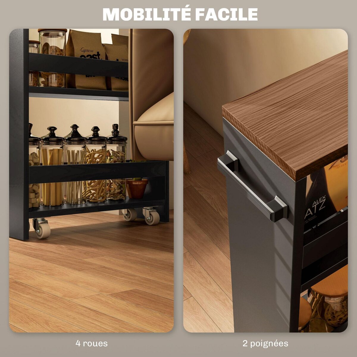 HOMCOM Chariot de rangement desserte à roulettes avec 3 niveaux de rangement et poignée, dim. 51,5l x 13P x 80H cm, noir