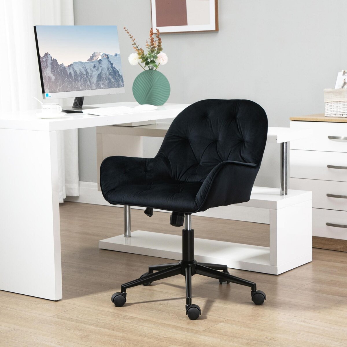VINSETTO Chaise de bureau velours design Chesterfield effet capitonné piètement métal noir