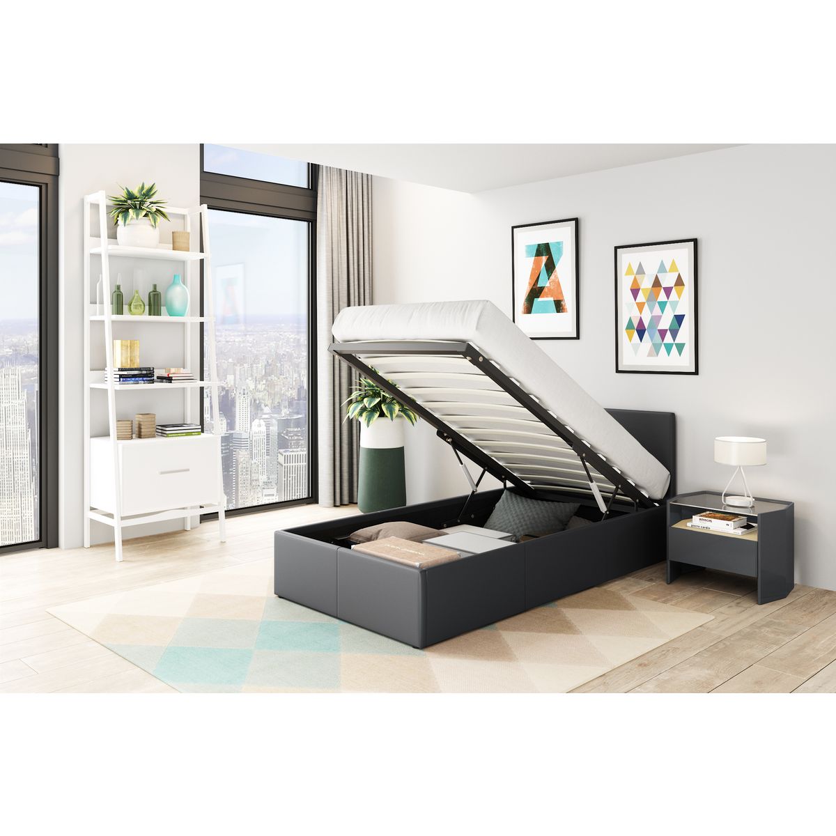 Ensemble matelas 90x190cm + Lit coffre 90x190cm sommier inclus avec tête de lit WILLOW gris