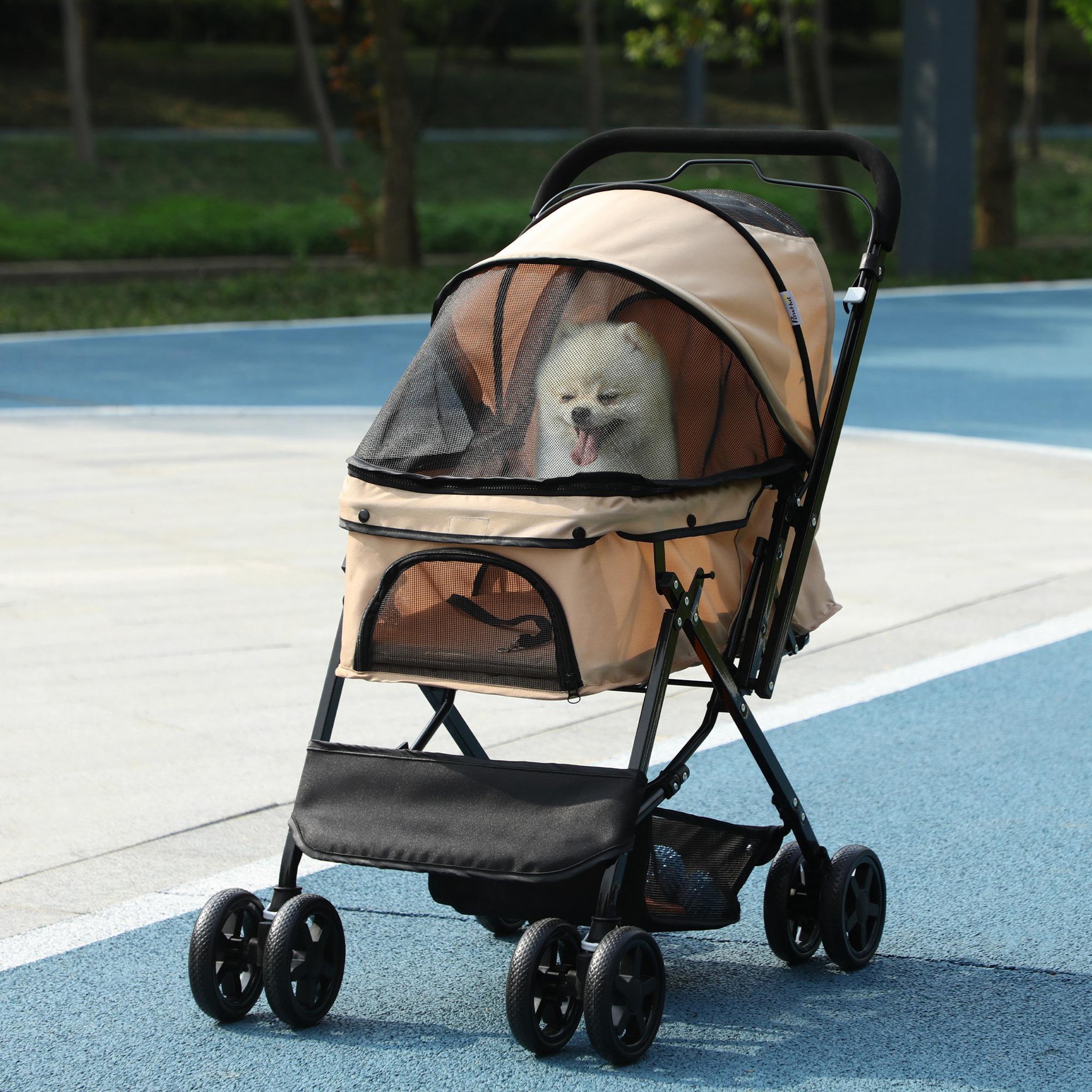 Voir la diapositive 2 : PAWHUT Poussette buggy pliable chien chat panier et sac de rangement attaches sécurité housse réglable poignée réglable acier Oxford beige