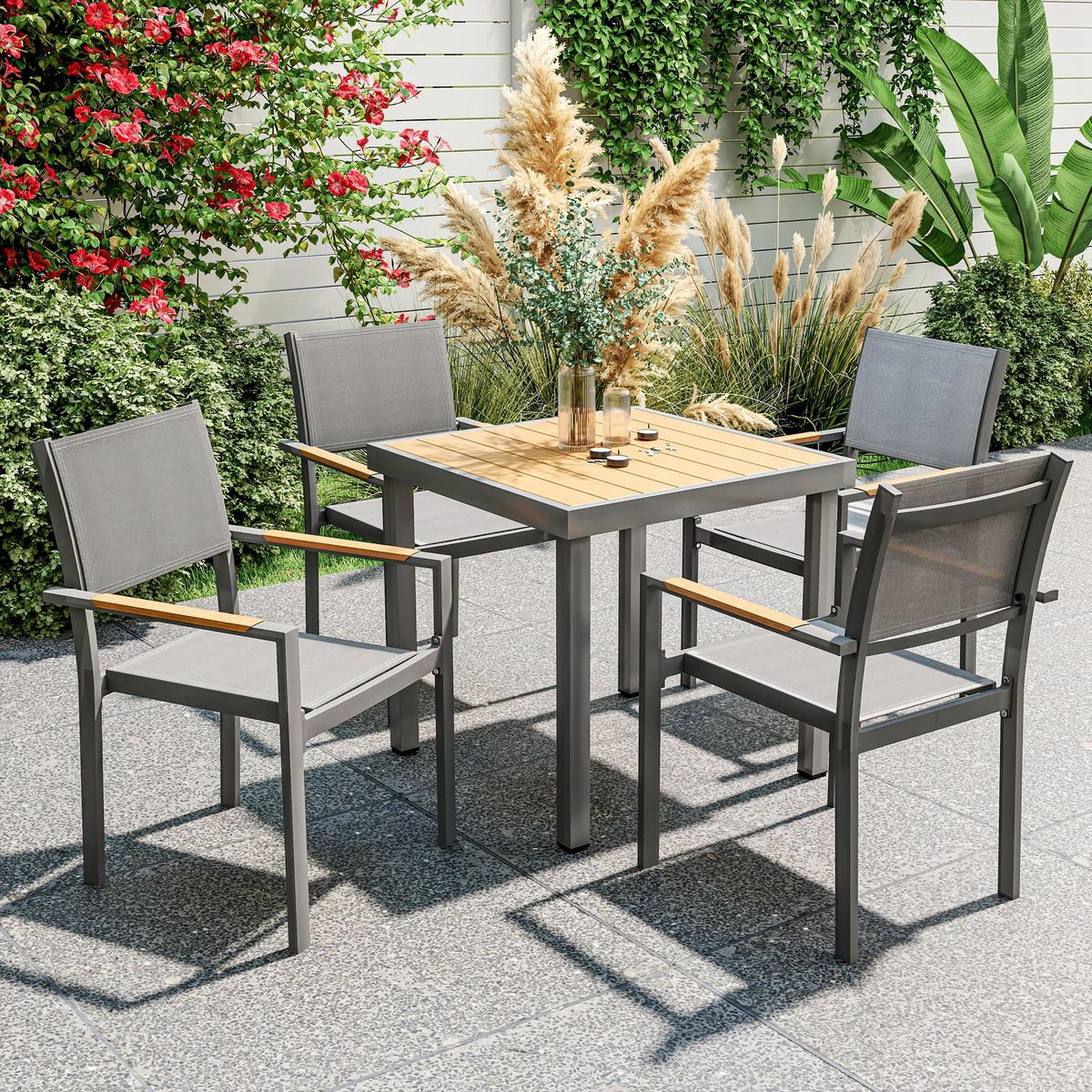 OUTSUNNY Lot de 4 chaises de jardin assise dossier textilène structure alu accoudoirs revêtement PVC effet bois