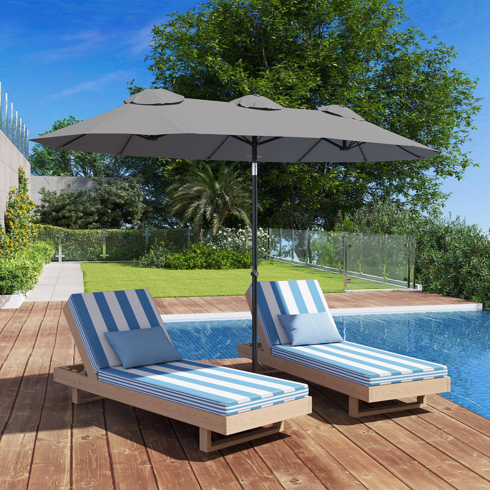 Voir la diapositive 4 : OUTSUNNY Parasol de jardin inclinable grande taille ouverture fermeture manivelle acier polyester haute densité gris