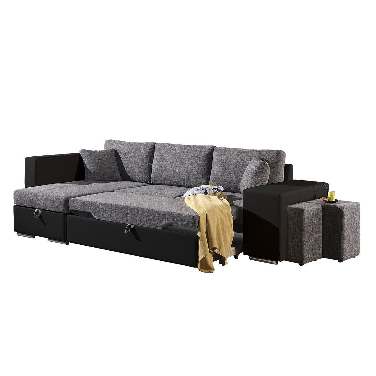 Canapé d'angle gauche convertible + 2 poufs RIGA