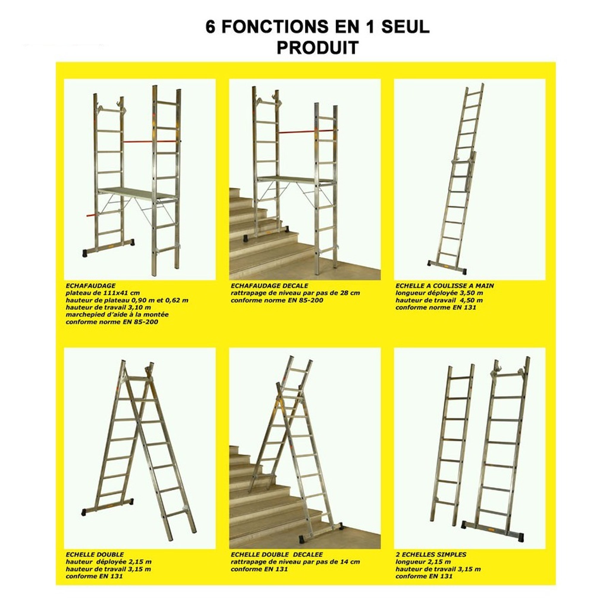 Voir la diapositive 2 : ESCALUX Échafaudage / Echelle 6 en 1 HEXALUX - 3m10 