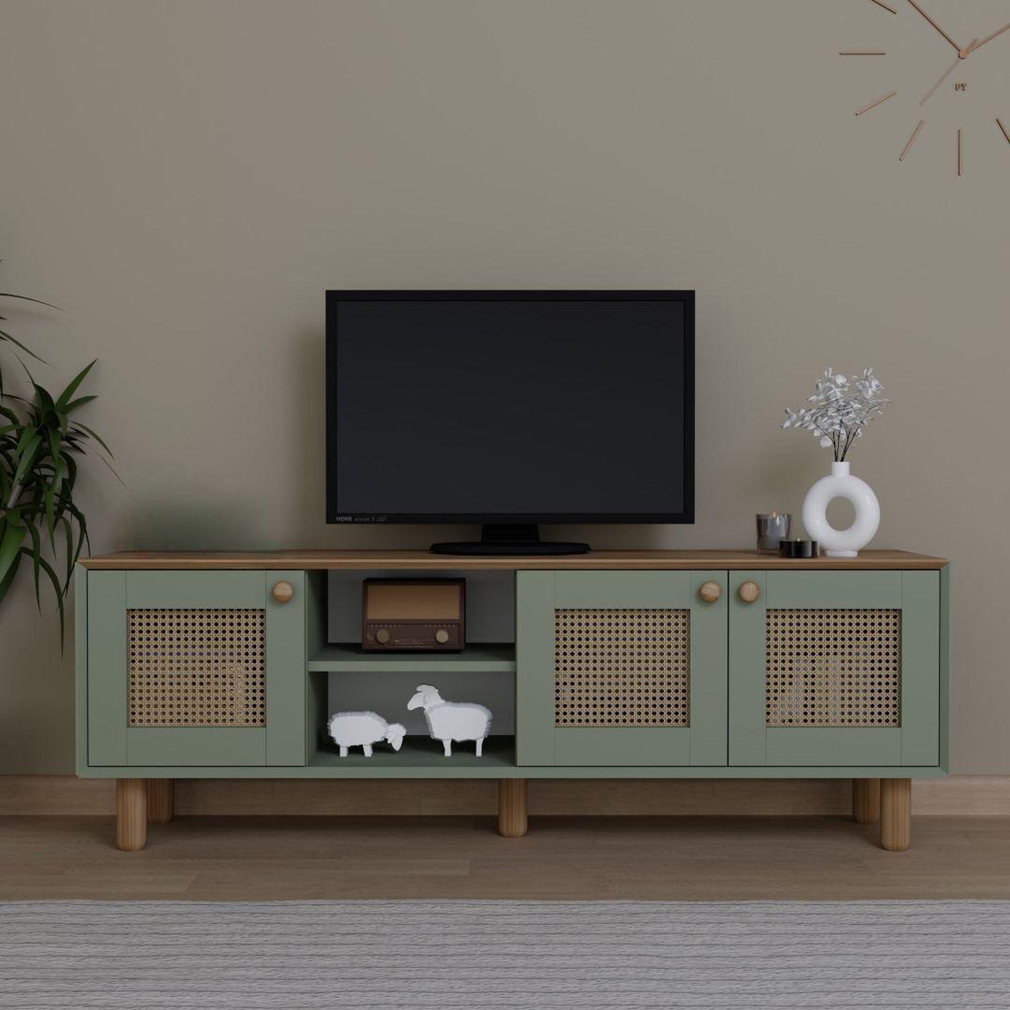 Voir la diapositive 2 : Habitat et Jardin Meuble tv en bois et cannage  bohemian  - 160 x 40 x 56 cm - vert