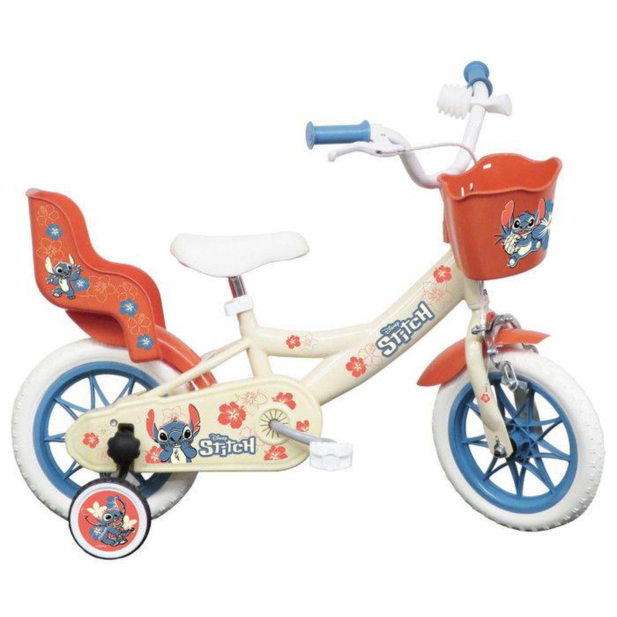 DISNEY Vélo enfant - Modèle 12'' STITCH / DISNEY (Taille de l'enfant < 95 cm) équipé de 1 frein, panier avant, porte poupée et stabilisateurs
