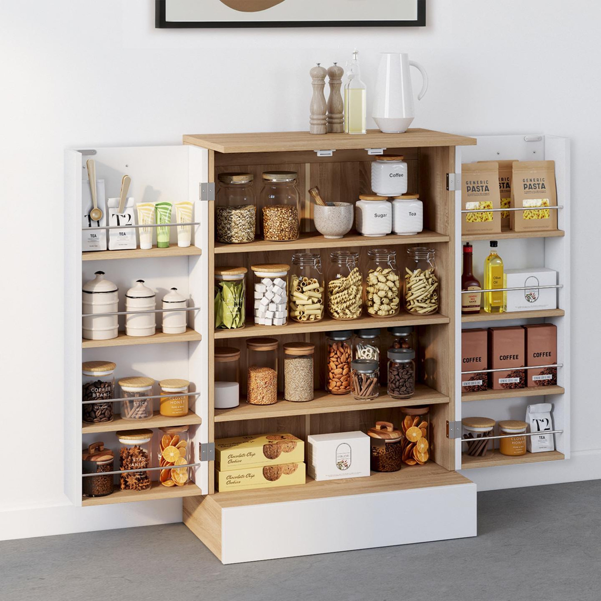 Voir la diapositive 2 : ID MARKET Buffet bas de cuisine ALTO H.90 cm avec rangements blanc et bois