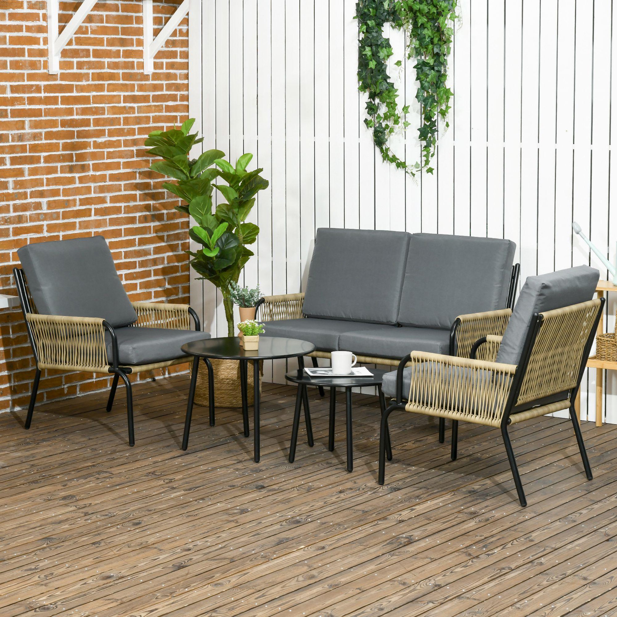 Voir la diapositive 2 : OUTSUNNY Salon de jardin en résine tressée modulable 4 pers. 5 pièces avec 1 canapé 2 fauteuils et 2 tables basses rondes acier sable