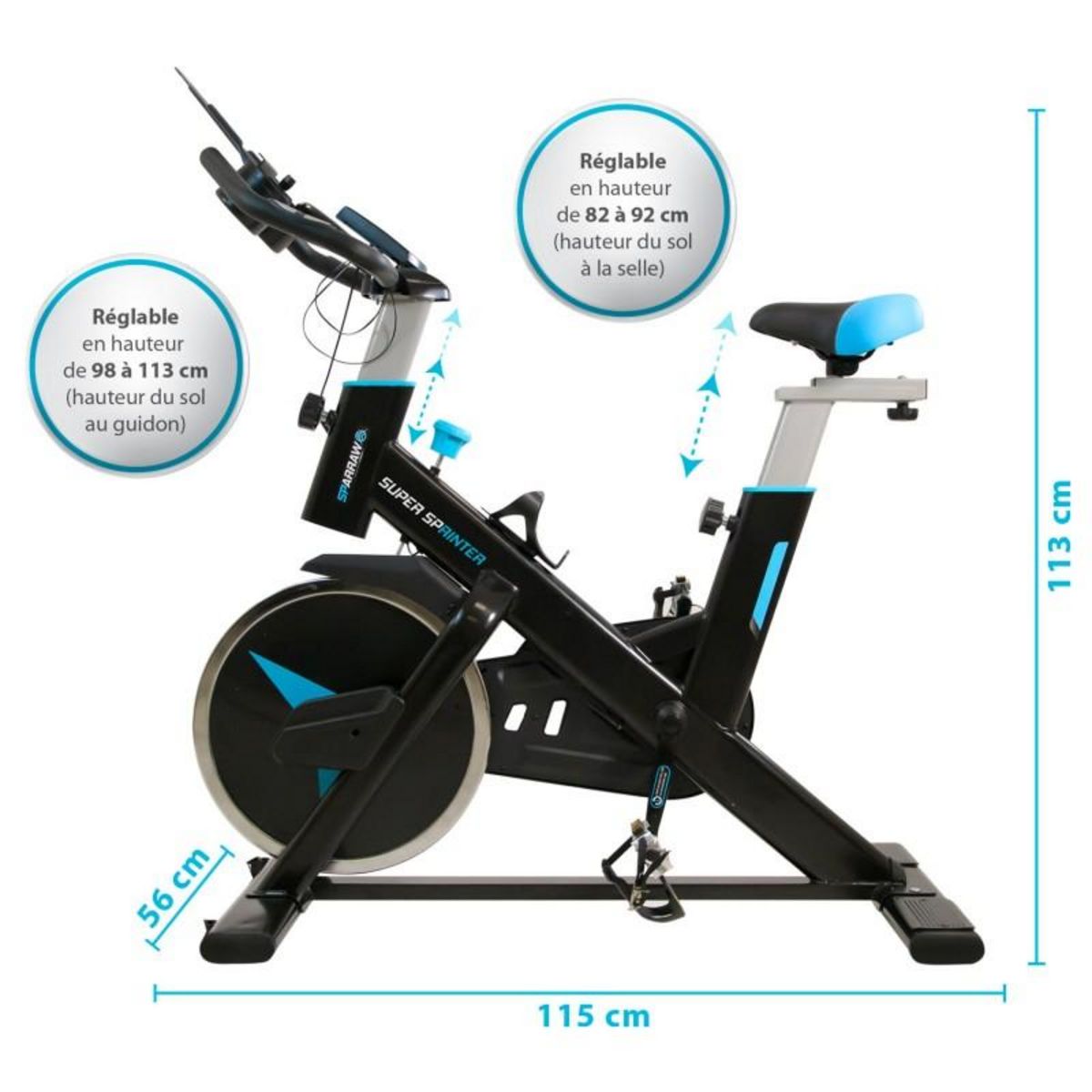 SPARRAW Vélo Spinning SUPER SPRINTER - Exercice bike avec roue d'inertie 18Kg - Cardio et Fitness training