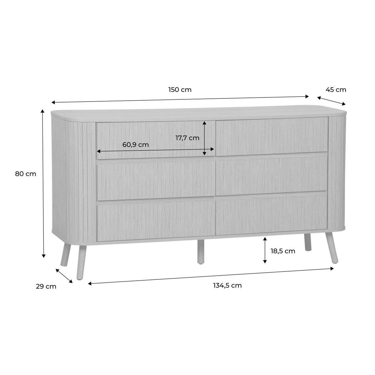 SWEEEK Commode 6 tiroirs. décor strié naturel. L 150 x P 45  H 80cm