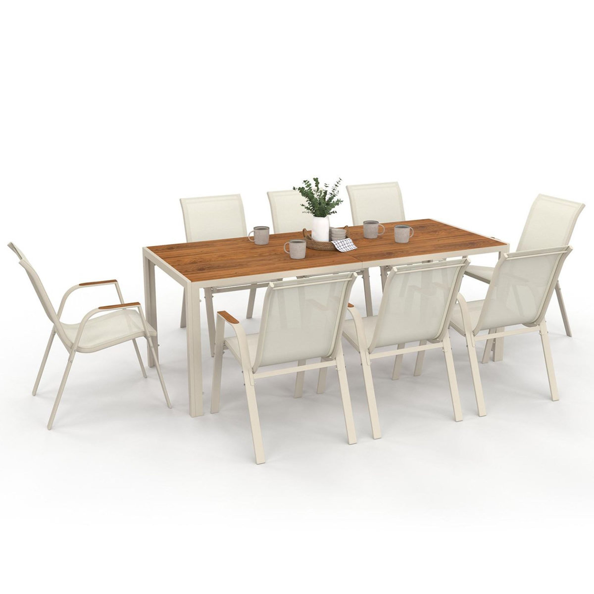ID MARKET Salon de jardin NOUMEA table 190 cm plateau verre trempé effet bois et 8 chaises empilables beige et bois