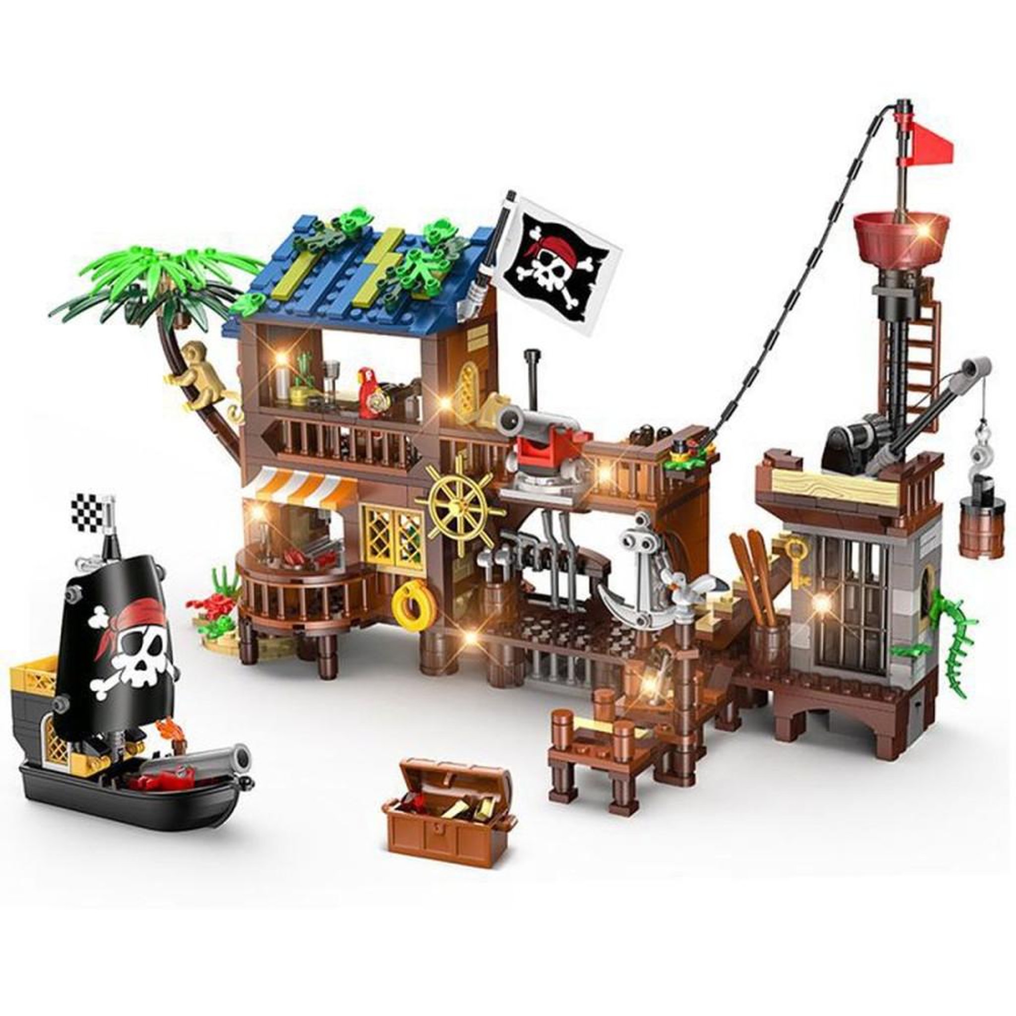 Ensemble de construction pirate 3 en 1 781 pièces avec LED, navire et camp transformable