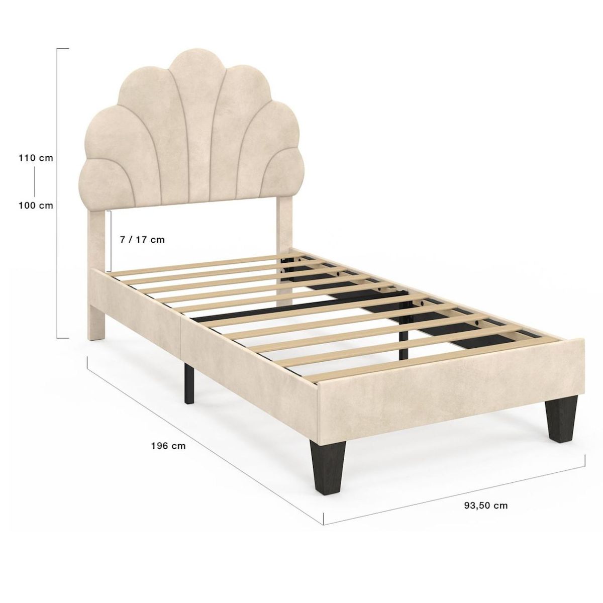 ID MARKET Lit simple coquillage 90 x 190 cm AMANDA avec sommier velours beige