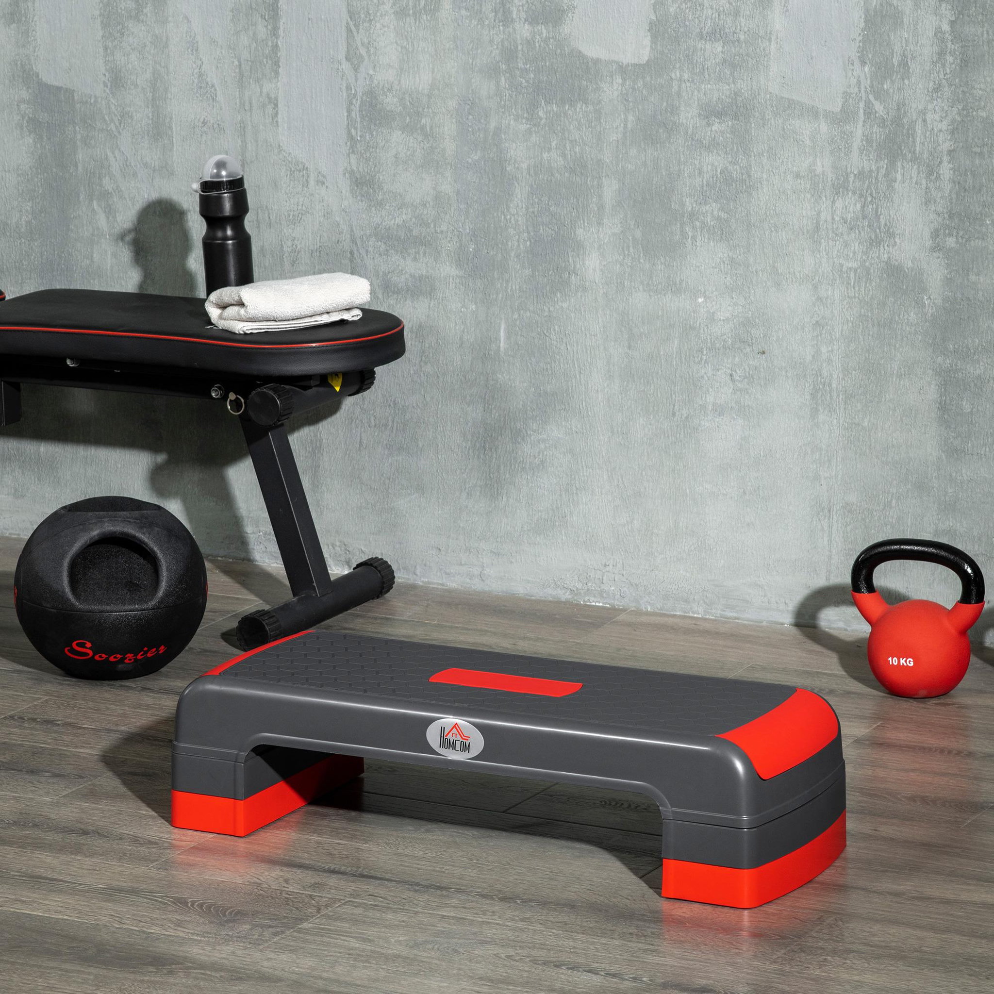 Voir la diapositive 2 : HOMCOM Stepper fitness aerobic hauteur reglable surface antiderapante dim. 78l x 28l x 10/15/20h cm pp noir rouge