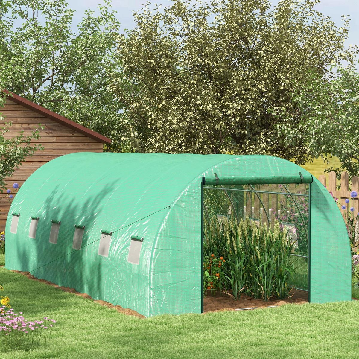 OUTSUNNY Serre de jardin tunnel 18 m² système d'arrosage intégré acier renforcé PE haute densité vert