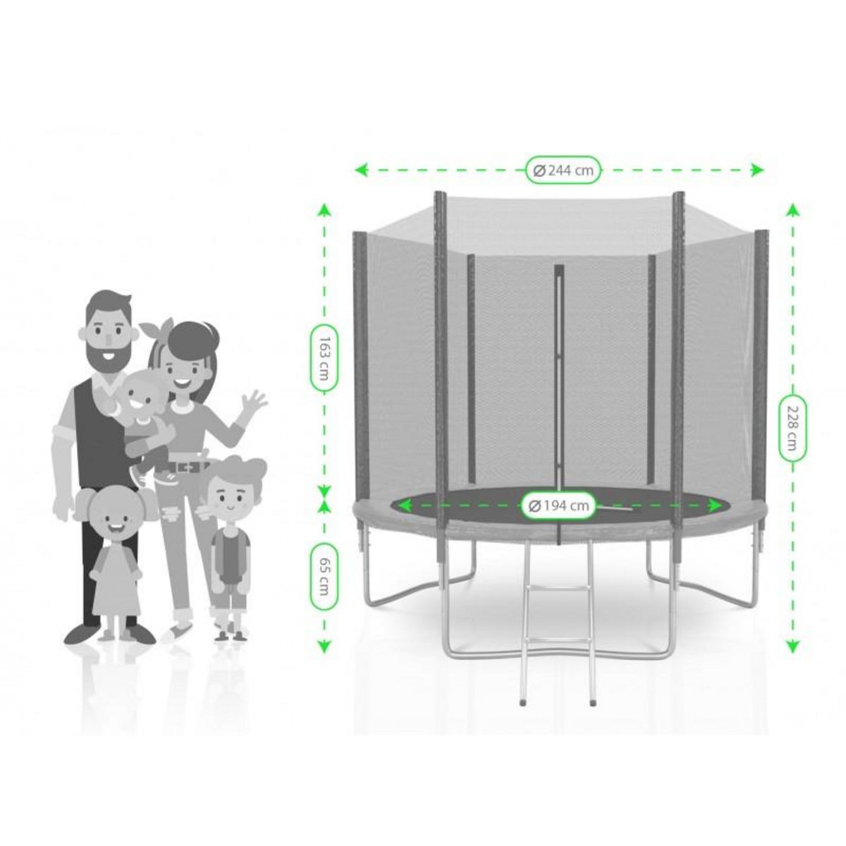 KAIA SPORTS Trampoline extérieur Deluxe 8Ft / ø244cm KAIA SPORTS Trampoline de jardin avec Filet, mousse de protection et échelle