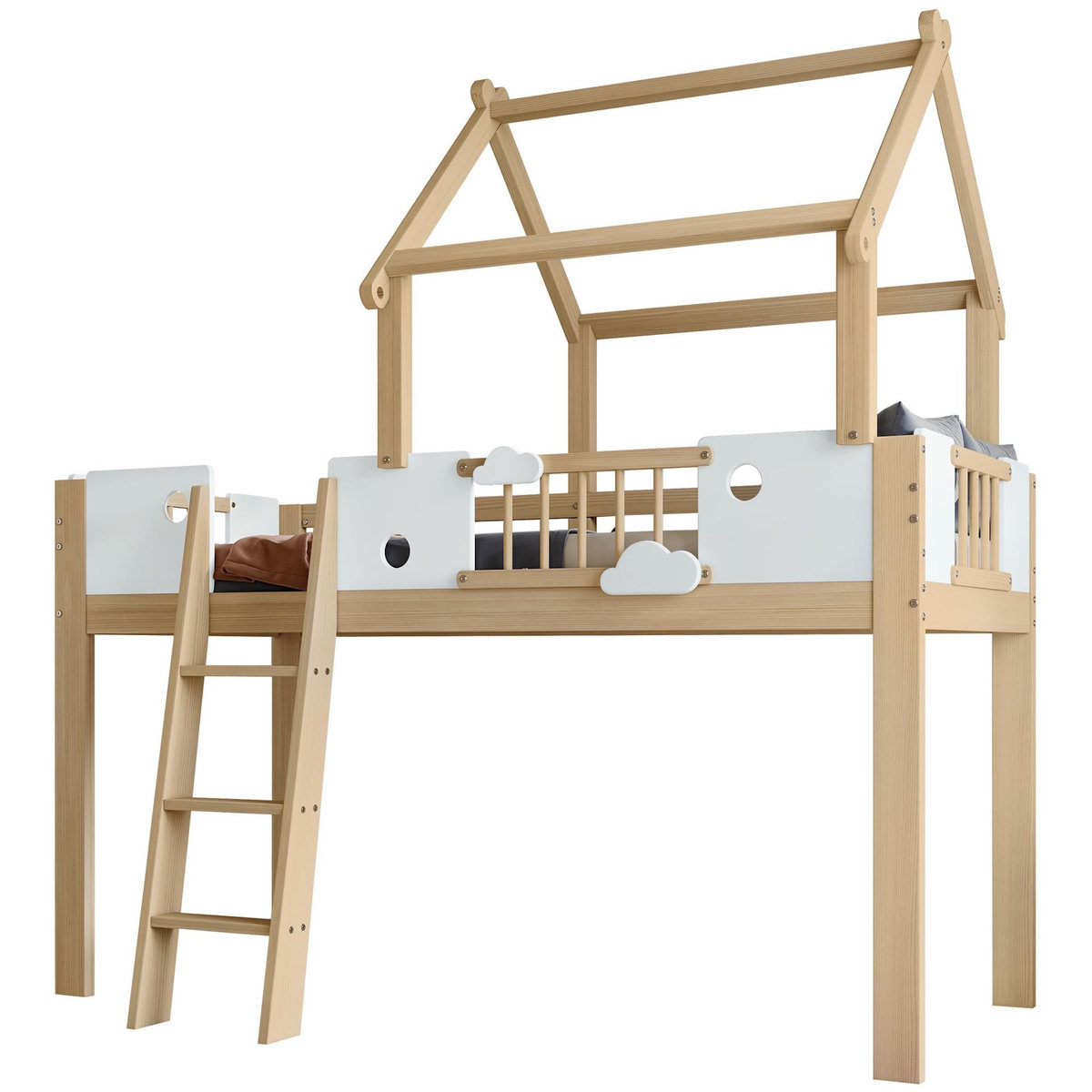 MERAX Lit combiné enfant 90x200cm coloris naturel+blanc pin et mdf